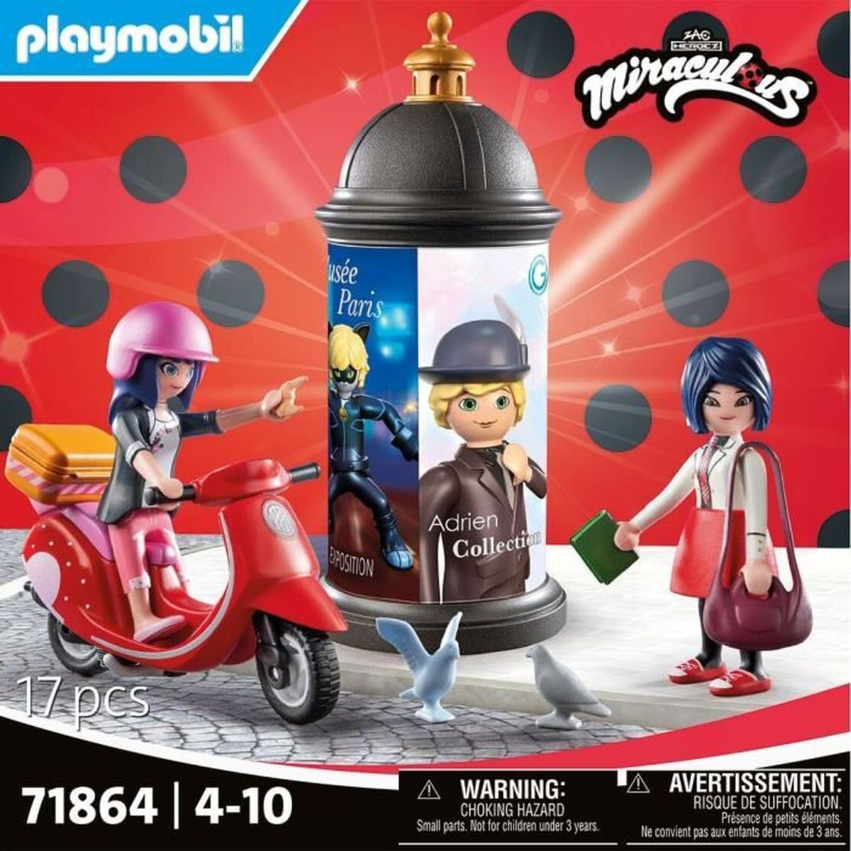 Zestaw Playmobil z postaciami z Miraculous. Zawiera figurki, czerwony skuter, plakat Paryża i mewy na czerwonym, kropkowanym tle.