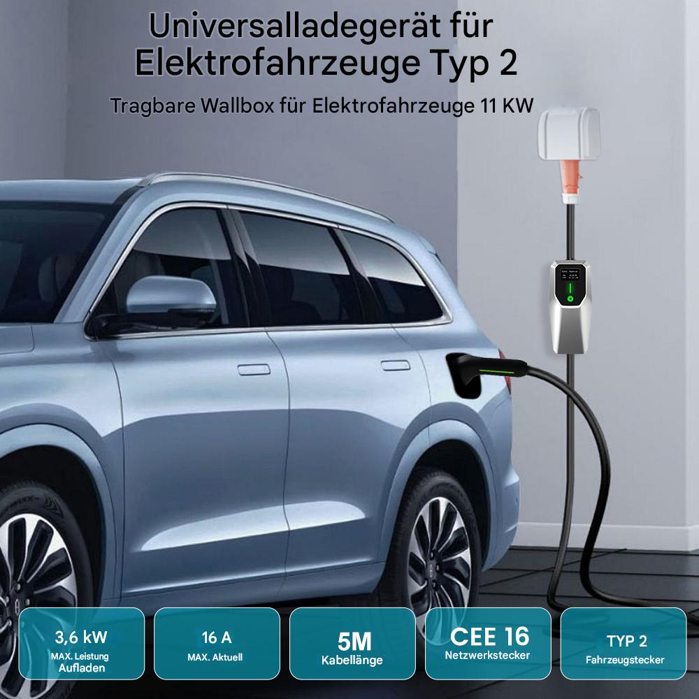 Samochód elektryczny jest ładowany. Stacja ładowania z kablem jest podłączona do samochodu. Tekst zawiera specyfikacje ładowania.