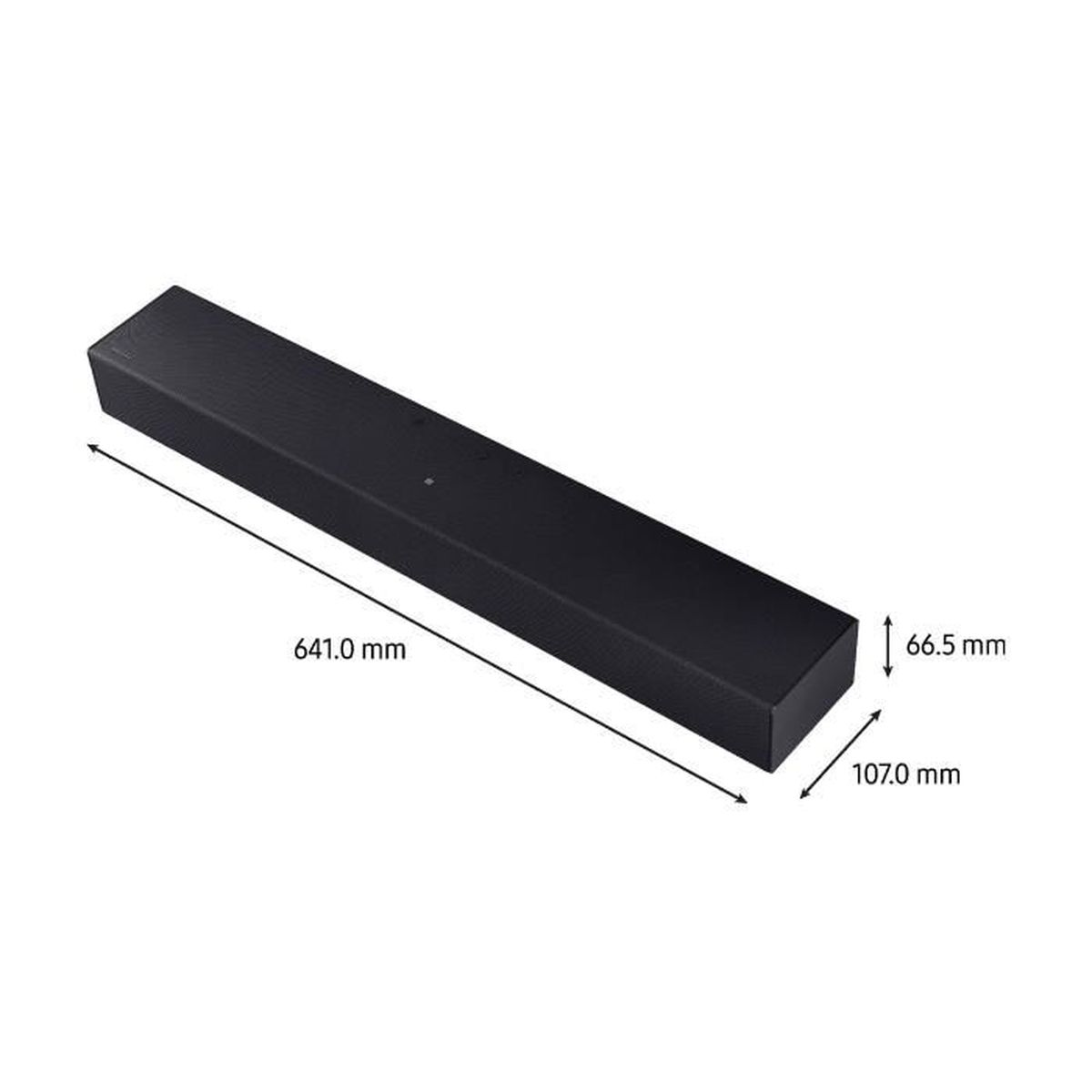 Eine schwarze Soundbar wird angezeigt, mit den Abmessungen 641,0 mm, 107,0 mm und 66,5 mm. Sie befindet sich vor weißem Hintergrund.