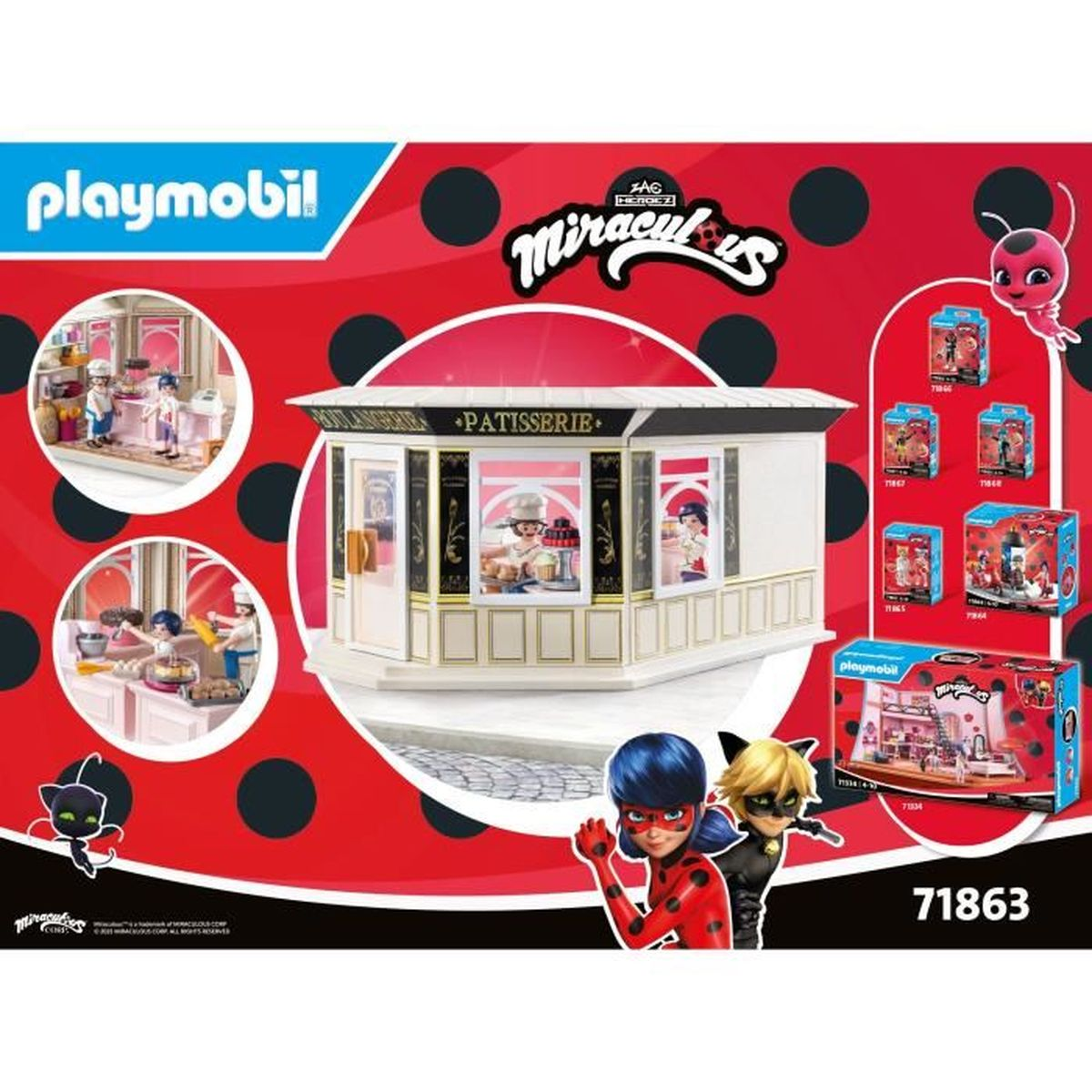 Zestaw Playmobil Miraculous. Biała piekarnia z figurkami w środku i na wystawie. Biedronka i Czarny Kot na dole po prawej. Pudełka z zabawkami.