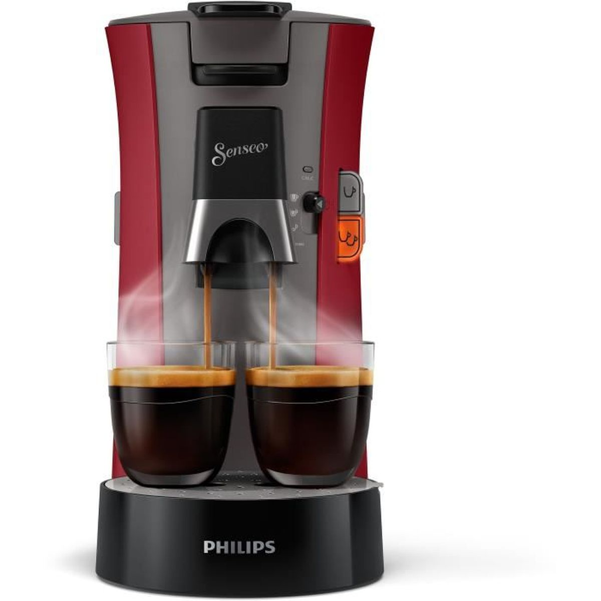 Czerwono-szary ekspres do kawy Senseo nalewa kawę do dwóch szklanek. Para unosi się. Logo Philips znajduje się na podstawie.
