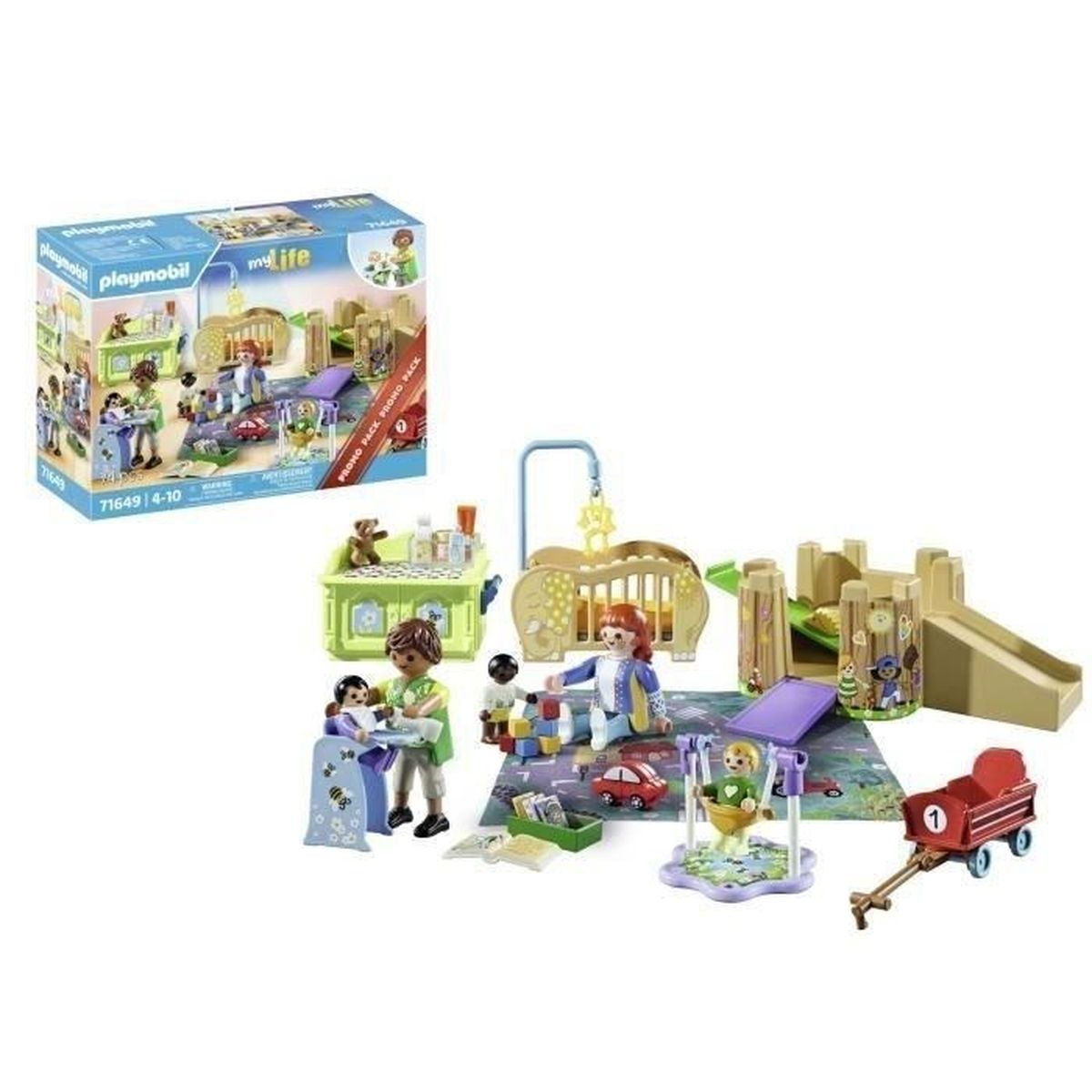 Ein Playmobil-Set zeigt eine Krippenszene mit Figuren, Krippe, Spielzeug und einem roten Wagen. Eine Box zeigt das Bild des Sets.
