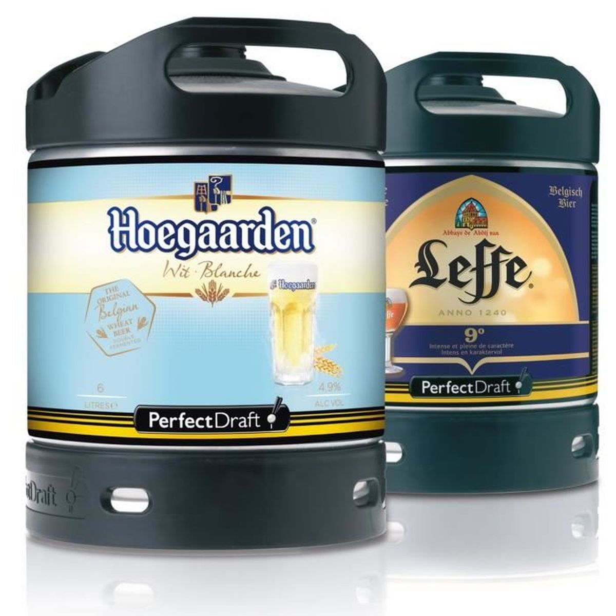 Due fusti di birra, marchi Hoegaarden e Leffe. Hoegaarden ha colori blu e bianco. Leffe ha colori oro e blu. Entrambi hanno PerfectDraft.