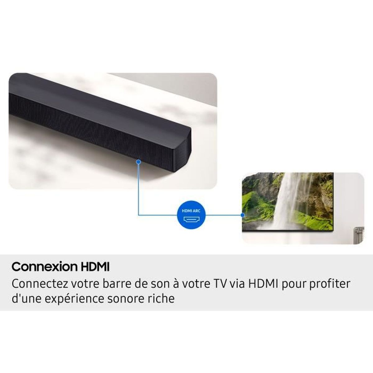 Eine schwarze Soundbar, die über HDMI mit einem Fernseher verbunden ist, der eine Wasserfallszene zeigt. Der Fokus liegt auf HDMI ARC.