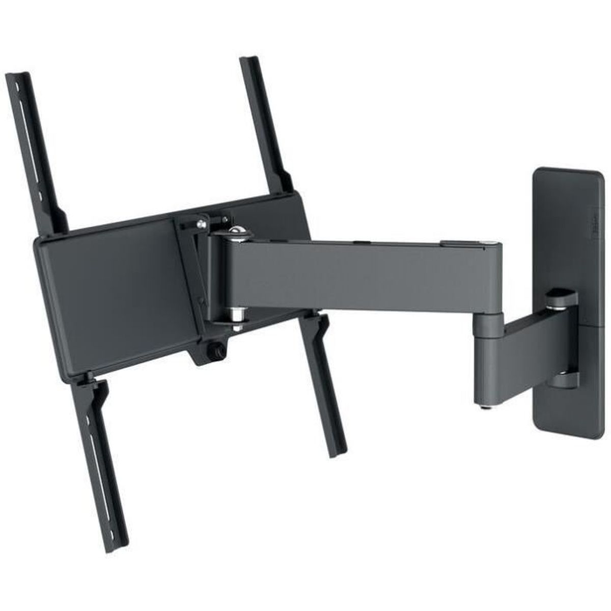 Eine schwarze Wandhalterung für einen Fernseher, ausgefahren. Sie hat mehrere Gelenkarme und eine Wandplatte. Die Halterung befindet sich auf weißem Hintergrund.
