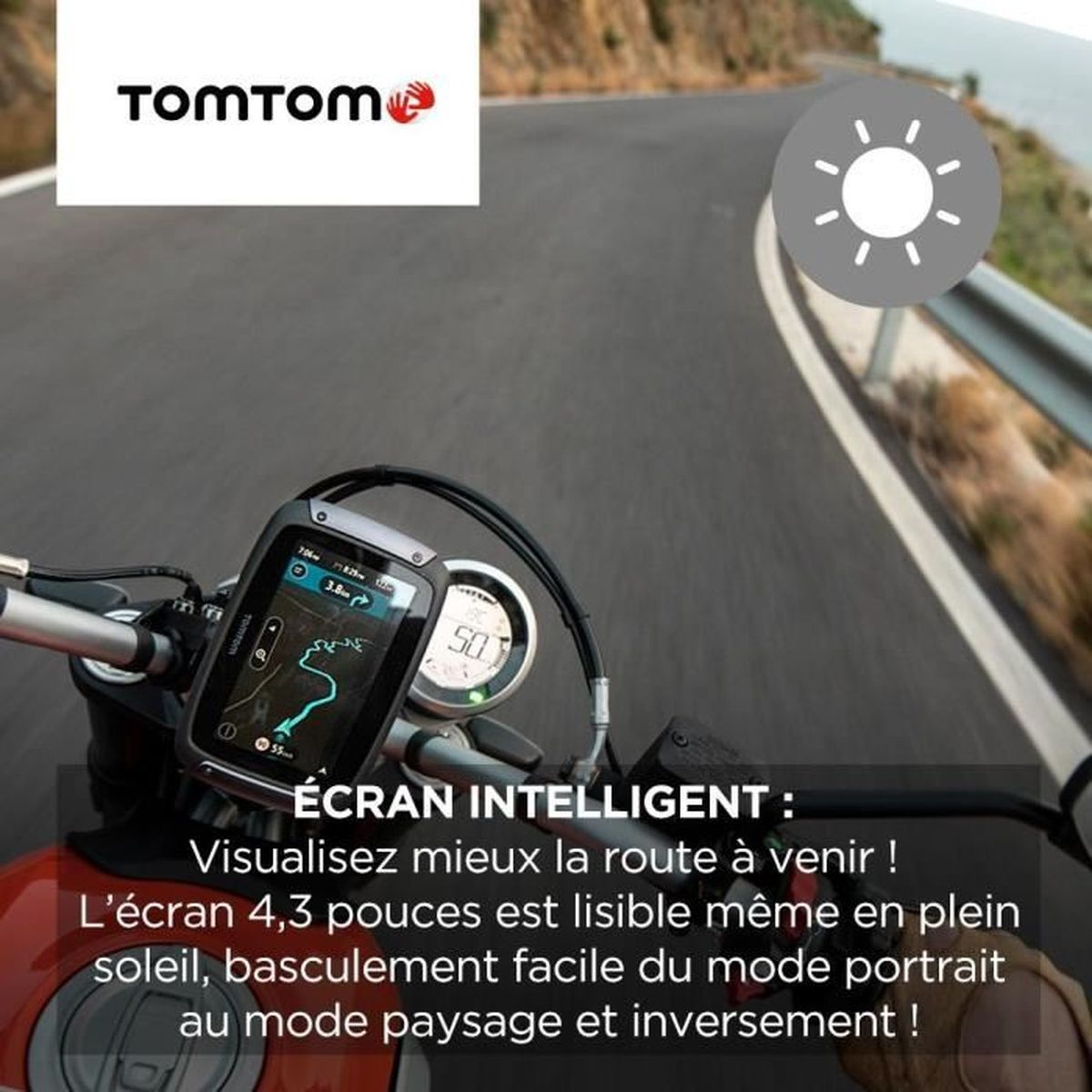 Motorrad-Dashboard mit GPS, Geschwindigkeitsanzeige und TomTom-Logo. Die Straße ist im Hintergrund sichtbar.