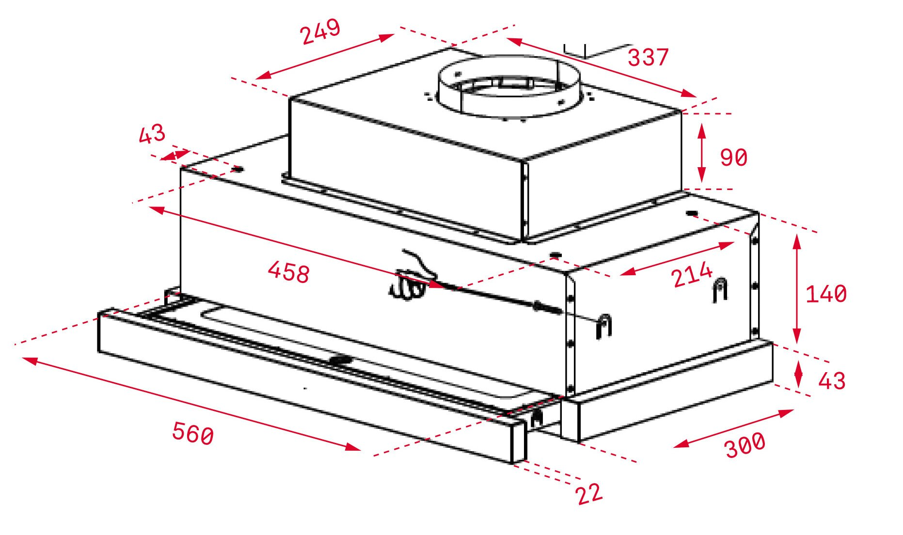 Schemat okapu kuchennego z wymiarami. Okap jest prostokątny z cylindryczną górą. Wymiary w milimetrach.