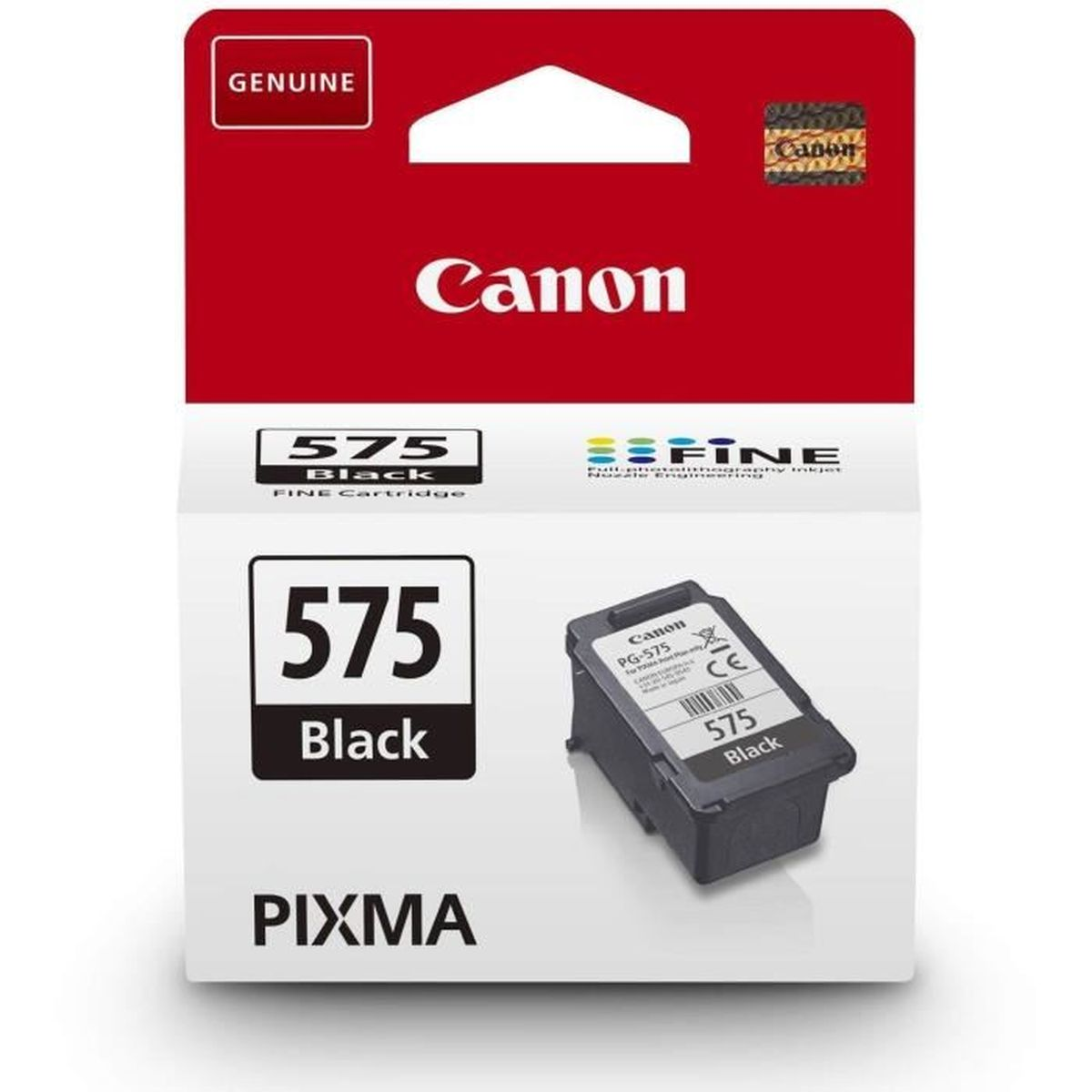 A Canon Pixma ink cartridge box. The box is white with black text, a black ink cartridge is visible. The box is red at the top.