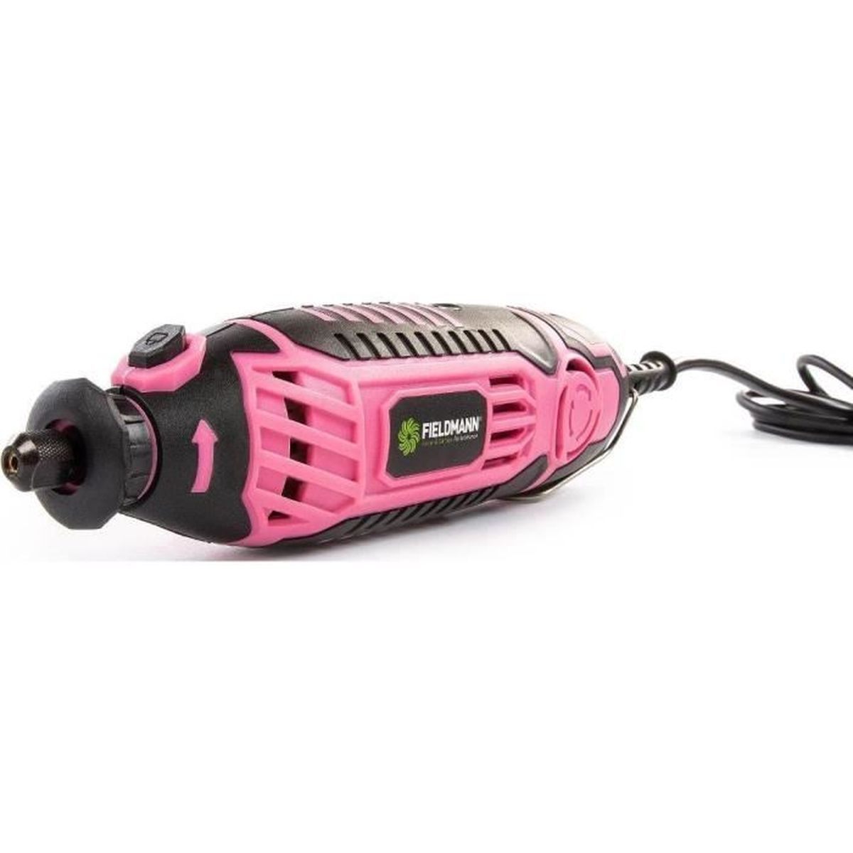 Ein rosa-schwarzes Fieldmann-Rotationswerkzeug liegt auf einer weißen Oberfläche. Das Werkzeug hat ein Netzkabel. Das Logo ist sichtbar.