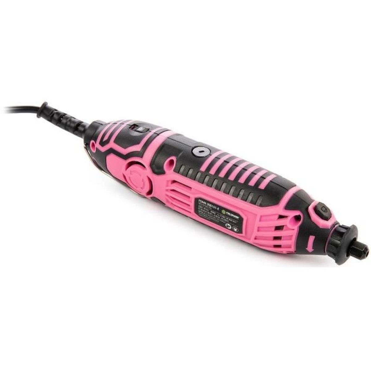 Ein rosa-schwarzes Rotationswerkzeug auf weißem Hintergrund. Es hat ein Kabel und verschiedene Knöpfe. Das Werkzeug ist leicht nach rechts geneigt.