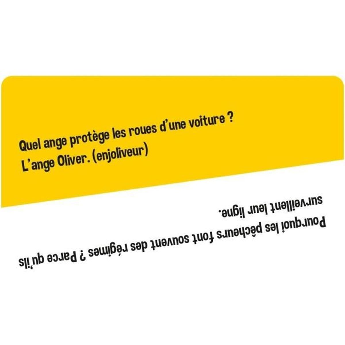 Gelbe Karte mit französischem Text, der ein Rätsel über Autoräder und Fischer stellt. Schwarzer Text auf weißem Hintergrund.