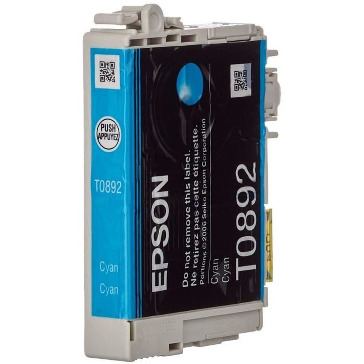 Un cartucho de tinta cian Epson T0892. El cartucho es principalmente negro y cian, con la marca Epson.