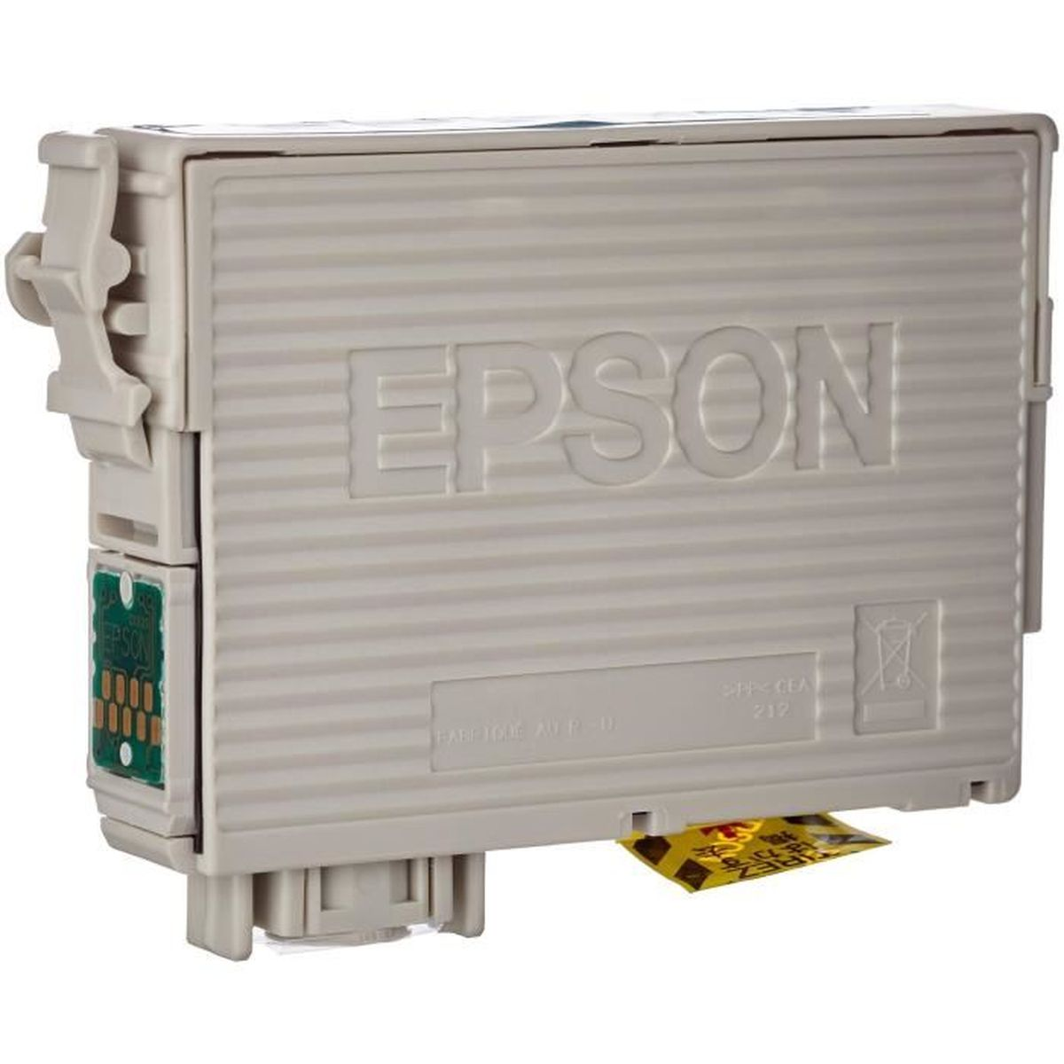 Un cartucho de tinta Epson beige. Tiene el nombre de la marca en la parte delantera. Una pegatina amarilla sobresale de la parte inferior.