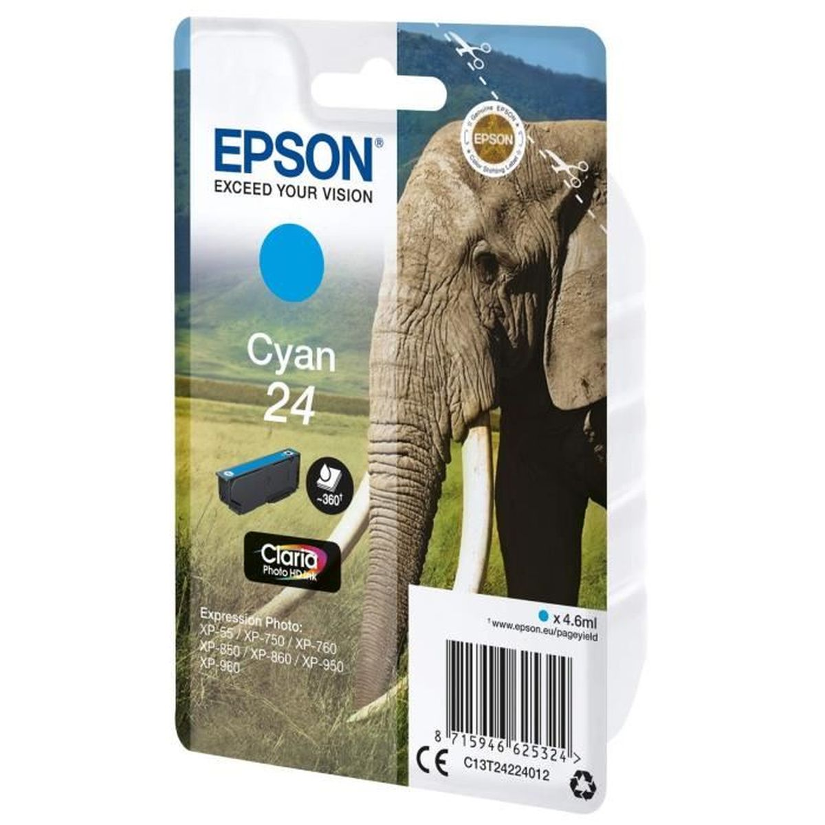 Epson Cyan 24 inktcartridge verpakking. Met olifant afbeelding en tekst. Kleur en product details voor printers.