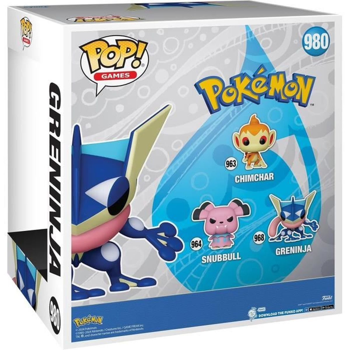 Pudełko Funko Pop z postaciami Pokemon. Greninja, Chimchar i Snubbull są wyświetlane. Pudełko jest białe, z niebieskimi i żółtymi akcentami.