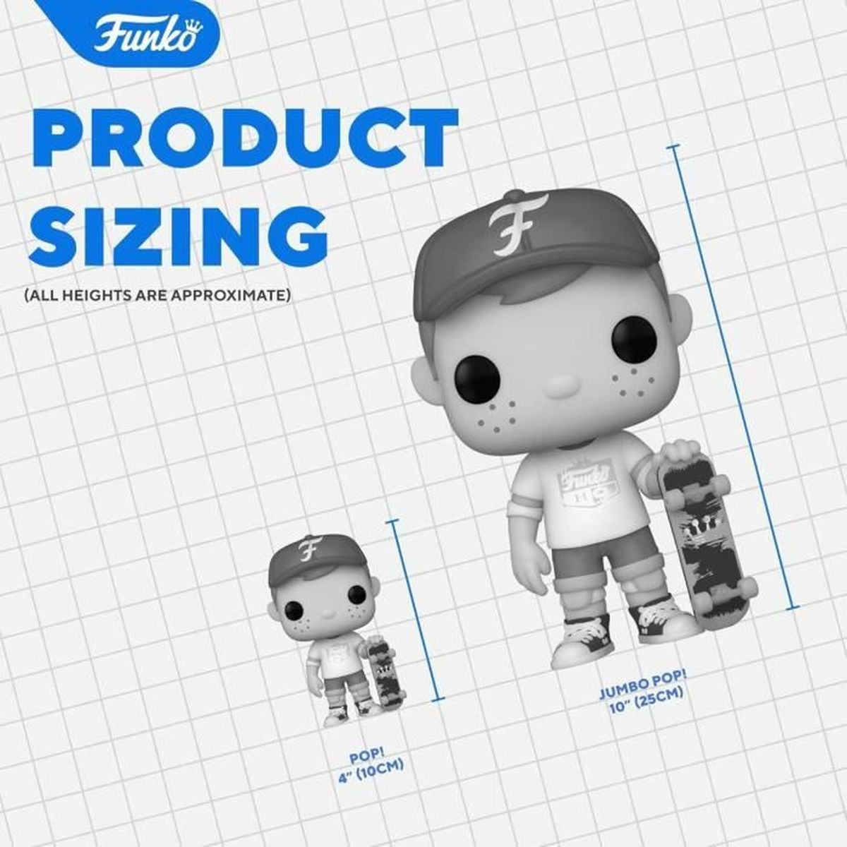 Obraz przedstawia figurki Funko Pop. Jedna mała, jedna duża. Tekst wskazuje rozmiary: 4" (10 cm) i Jumbo Pop! 10" (25 cm), ze deskorolką.