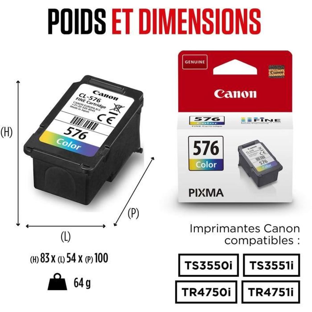 Image shows a Canon CL-576 color ink cartridge with dimensions, weight, and compatible printer models. It also shows a box of the cartridge.