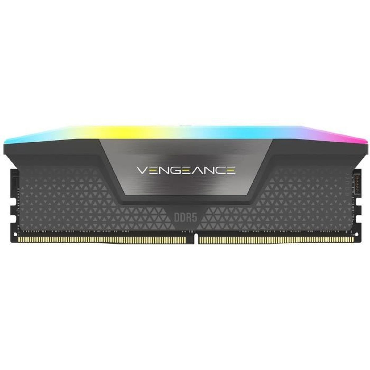 Moduł RAM DDR5 Vengeance z czarnym radiatorem, logo Vengeance i kolorowym paskiem świetlnym na górze.
