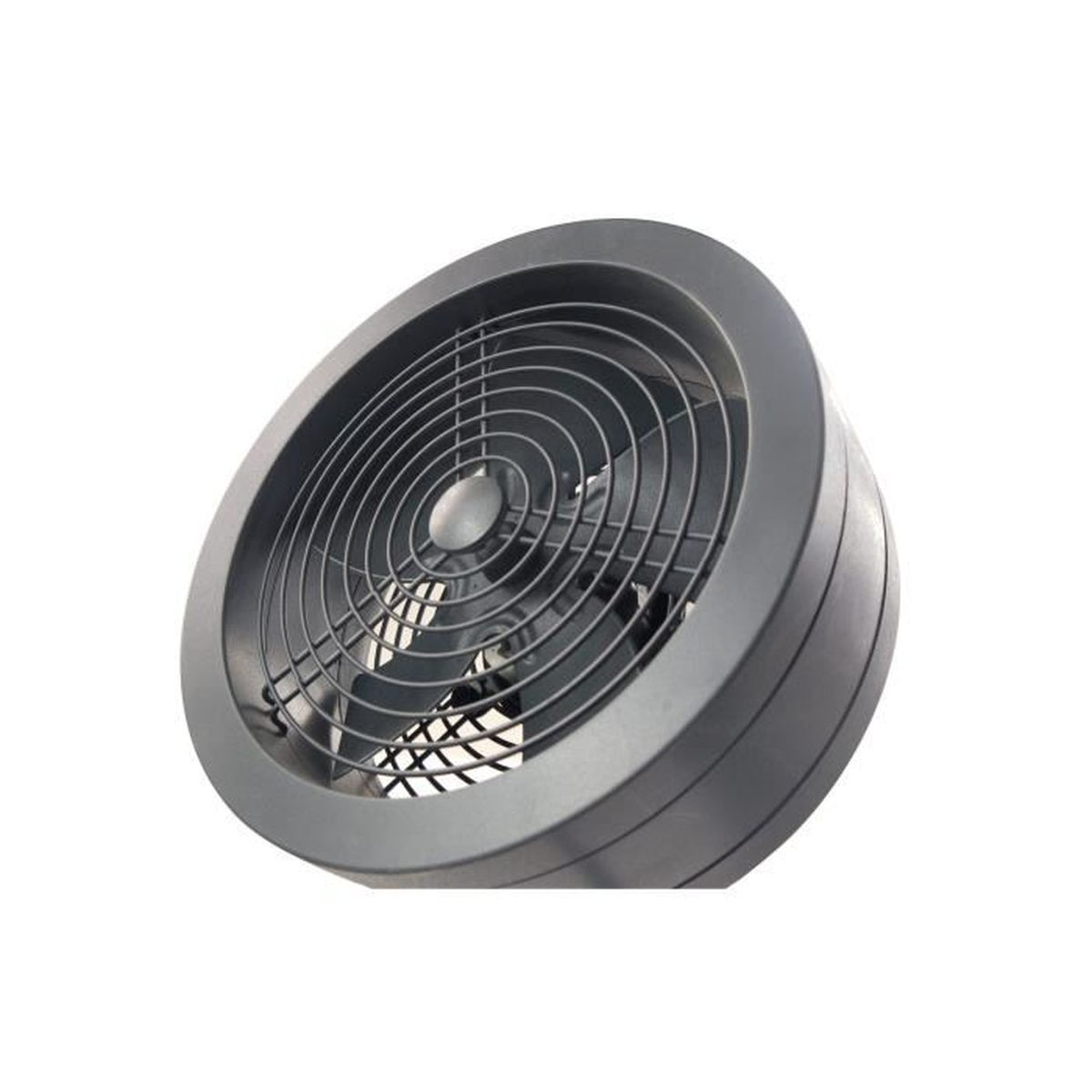 A grey, circular fan is presented against a white background. The fan's blades are visible behind a protective grill.