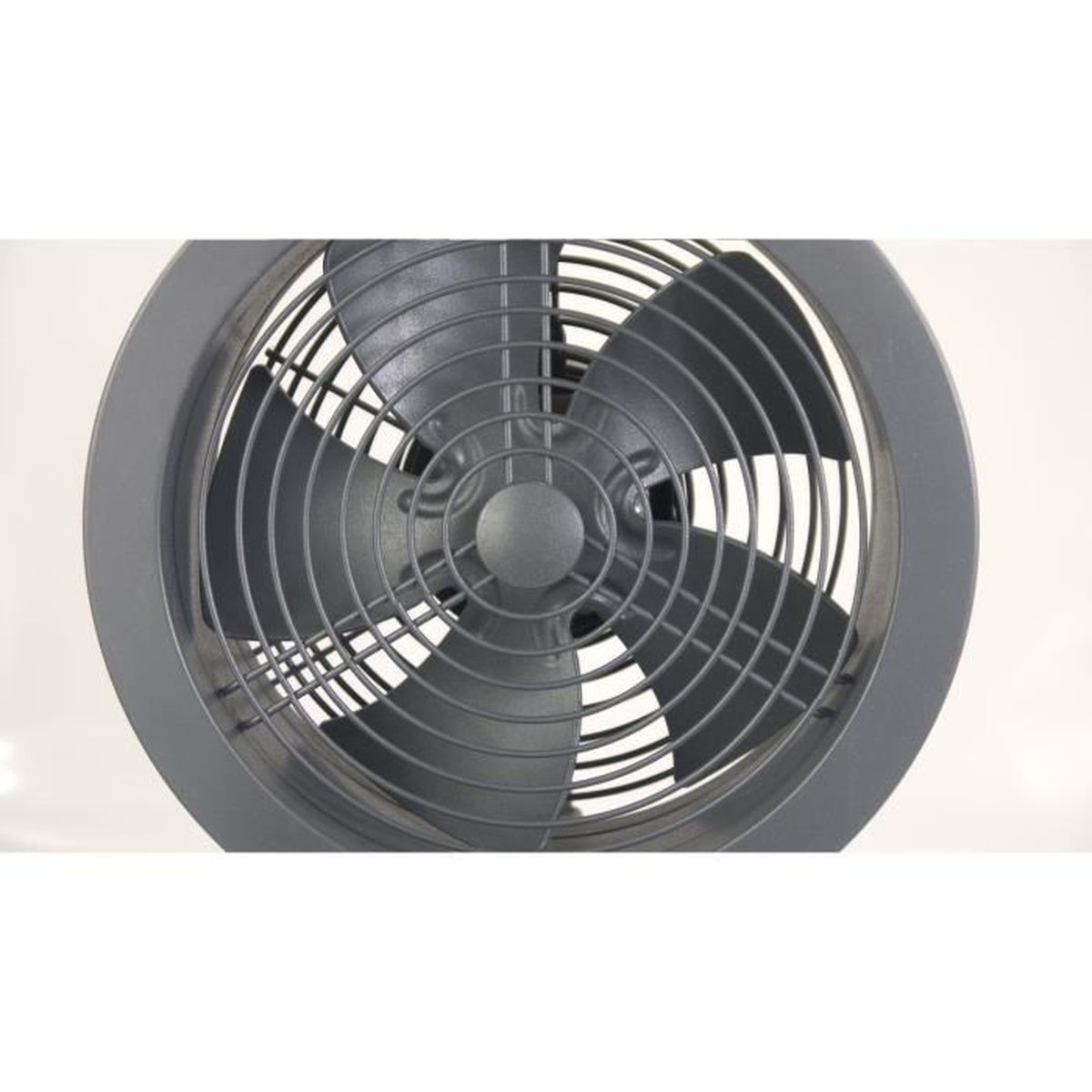 A gray fan with four blades is centered against a white background. The fan has a circular grill and a gray motor housing.