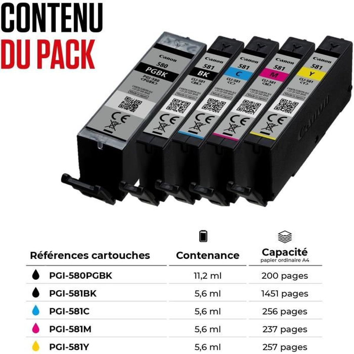Ink cartridges in black, cyan, magenta, and yellow. Includes a table with ink references, contents, and page capacity.