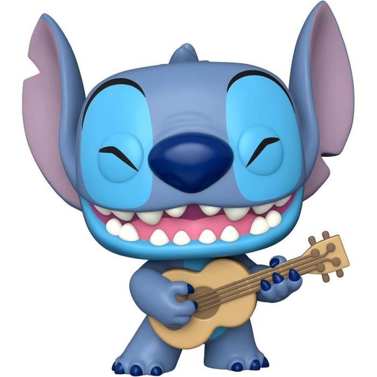 Niebieska figurka Stitch gra na ukulele. Figurka ma szeroki uśmiech, duże uszy i trzyma instrument.
