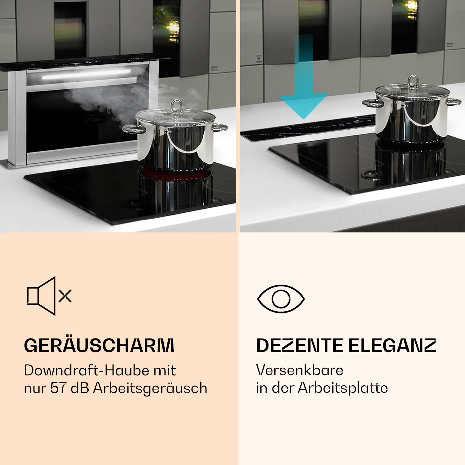 Küchenaufbau mit Topf auf schwarzem Kochfeld. Dampf steigt auf. Informationen über geringe Geräuschentwicklung und elegantes Design.