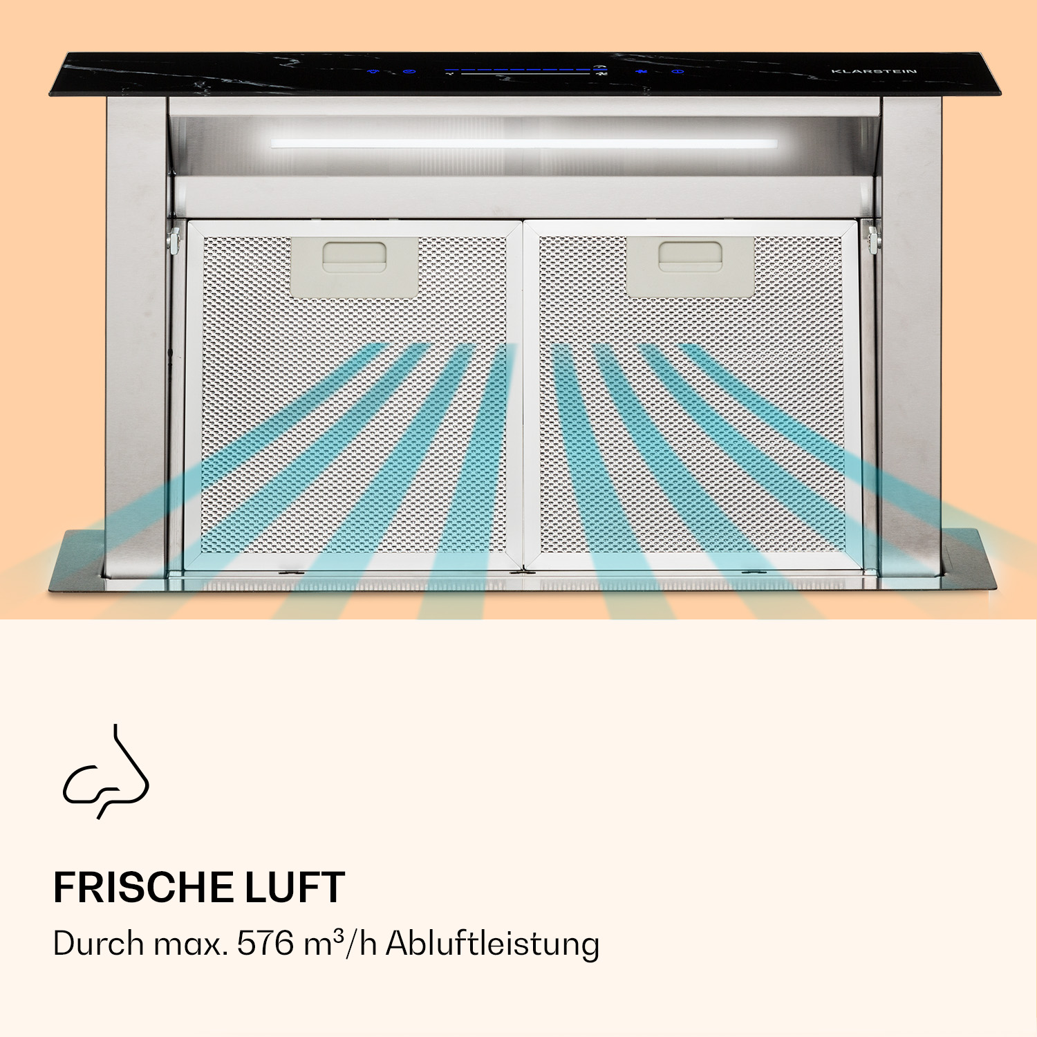Eine Edelstahl-Dunstabzugshaube mit zwei Netzfiltern. Blaue Luftstromlinien zeigen die Luftabsaugung an. Die Oberseite hat eine schwarze Oberfläche mit Bedienelementen.