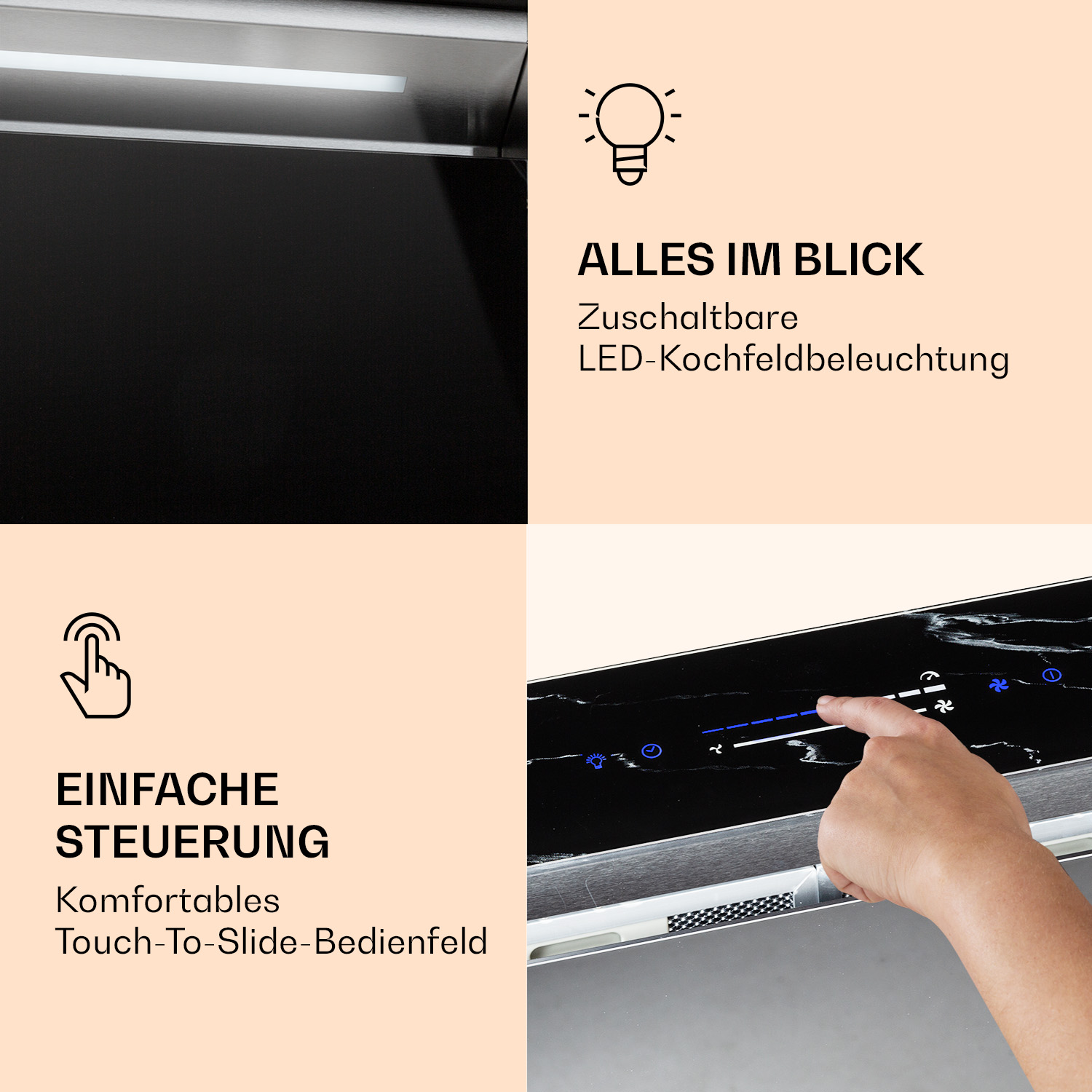 Ein Bild zeigt eine Hand, die ein Touch-to-Slide-Bedienfeld berührt. Der Text lautet 'Einfache Steuerung' und 'Alles im Blick'.