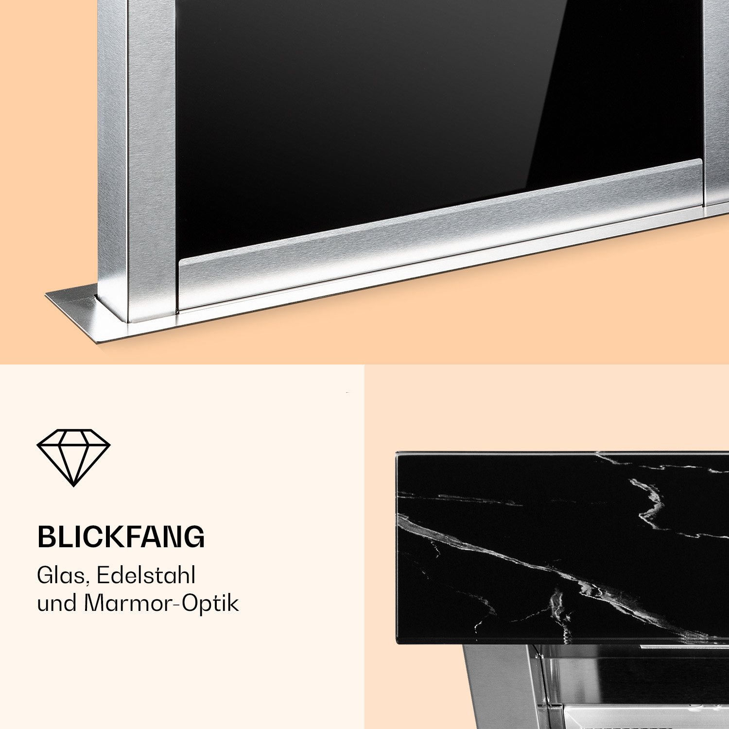 Nahaufnahme eines Geräts aus Edelstahl und schwarzem Glas. Der Boden hat ein schwarzes, marmorähnliches Muster.