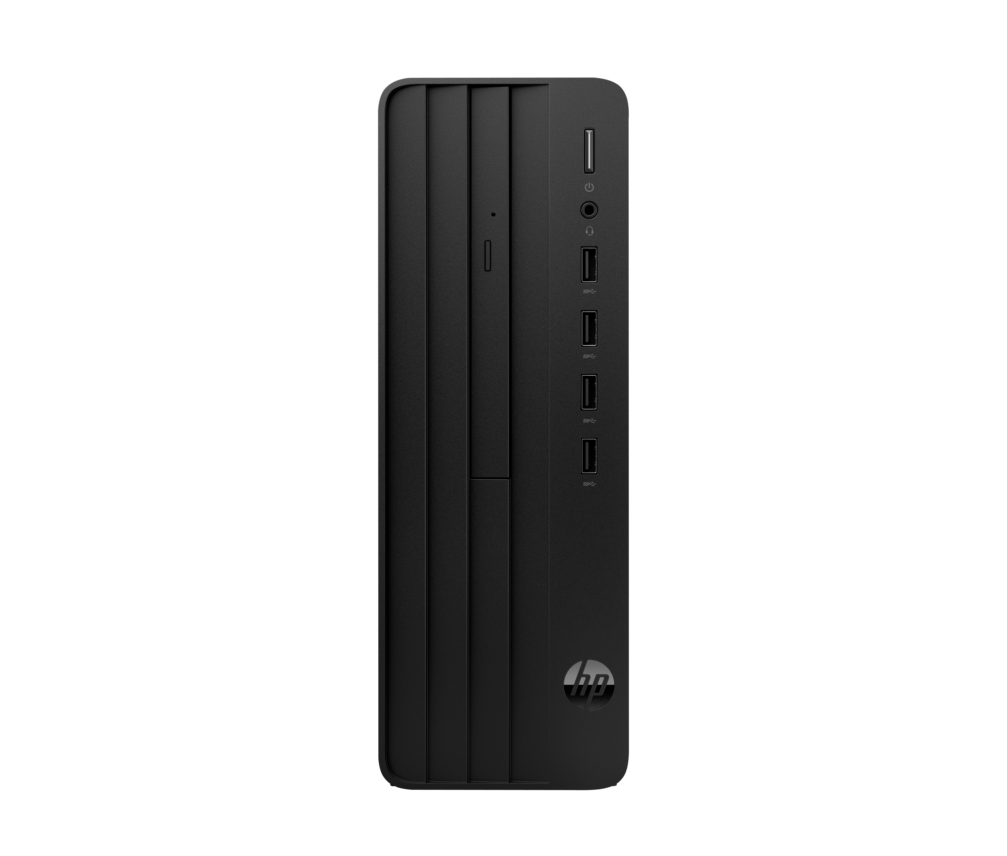 Un computer desktop HP nero su sfondo bianco. La parte anteriore presenta linee verticali e porte. Il logo HP è in basso.