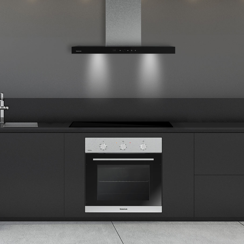Una cocina moderna con horno, campana y armarios. El horno es de acero inoxidable y los armarios son negros.