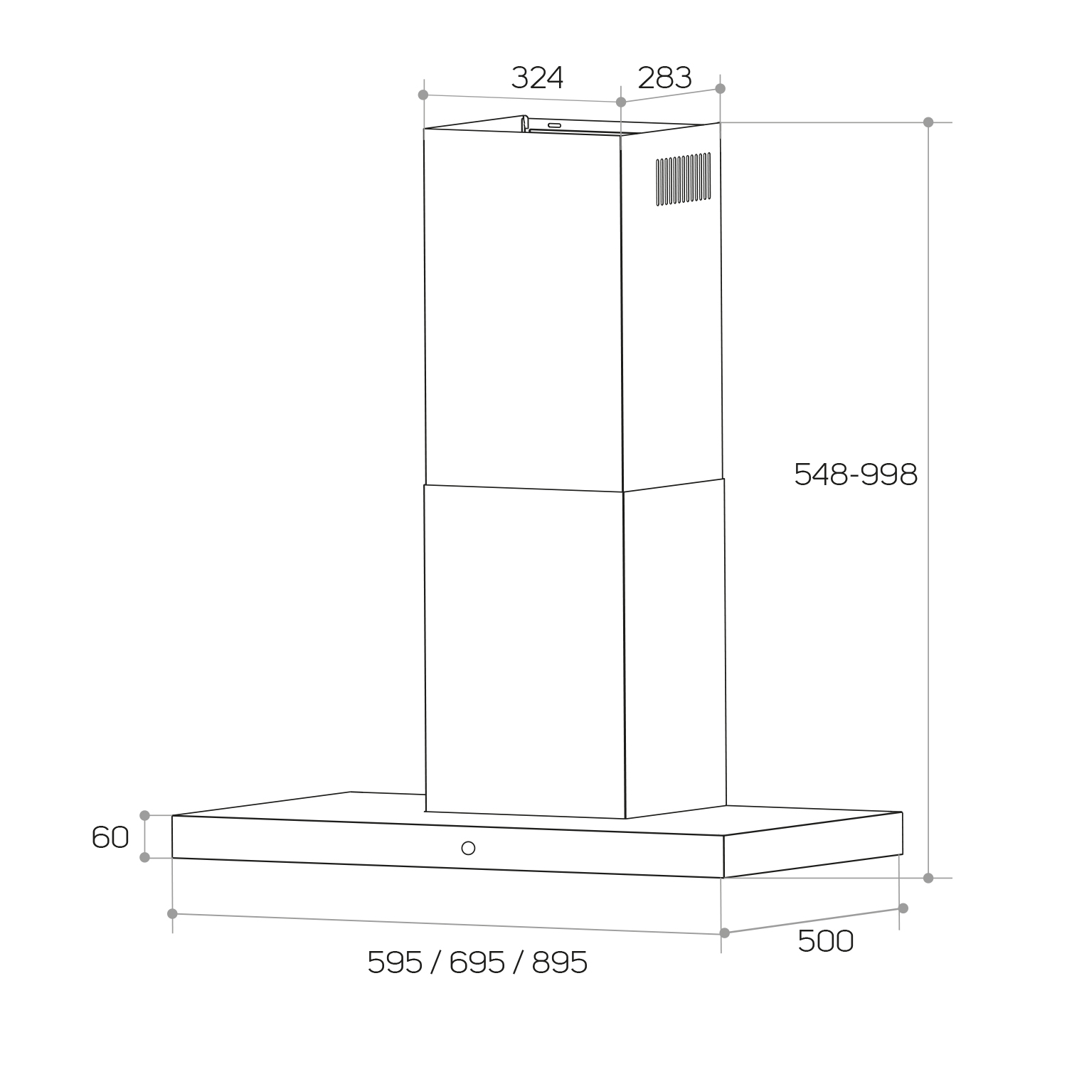 Un dibujo técnico de una campana extractora con dimensiones. Tiene una base rectangular y una chimenea alta y rectangular.