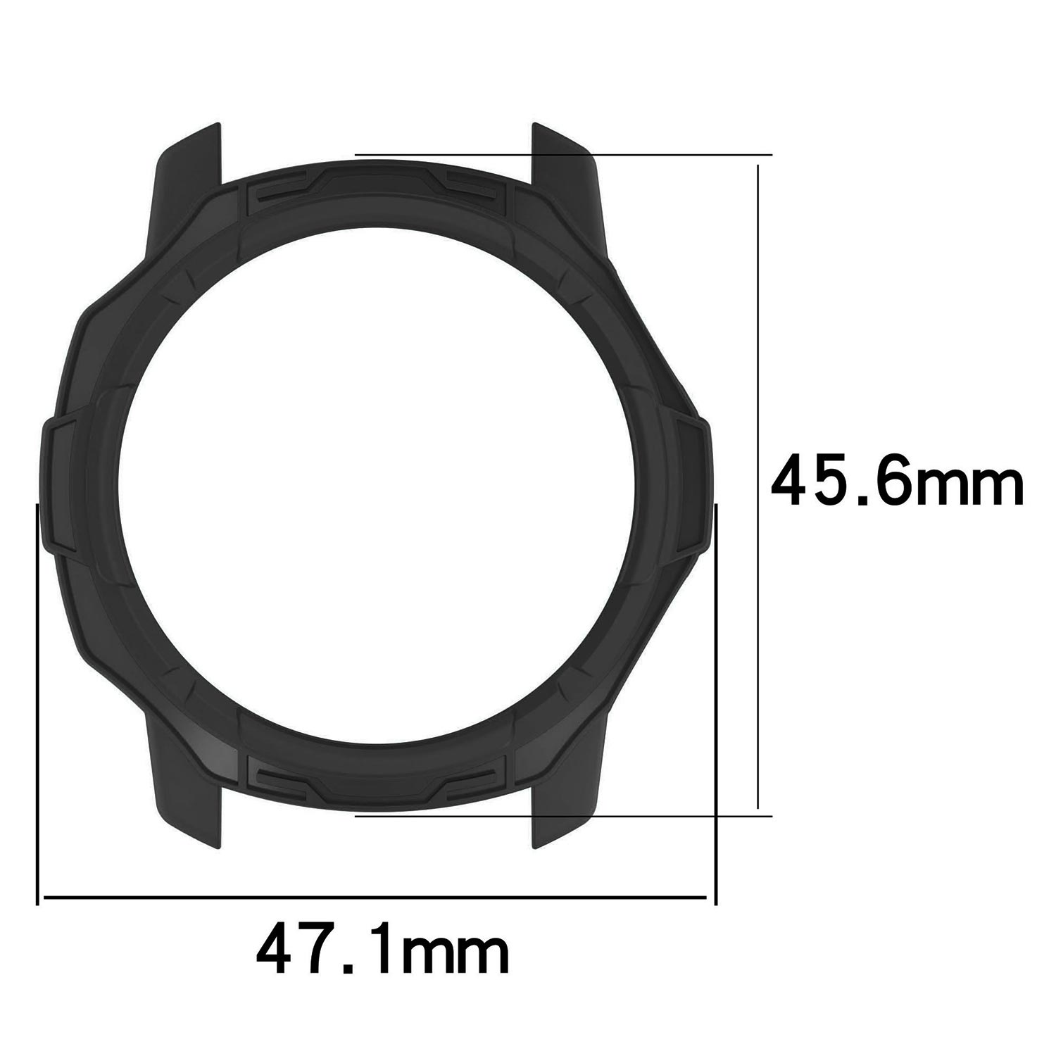 Una lunetta nera dell'orologio con dimensioni. La lunetta ha un'apertura circolare ed è etichettata 47,1 mm per 45,6 mm.