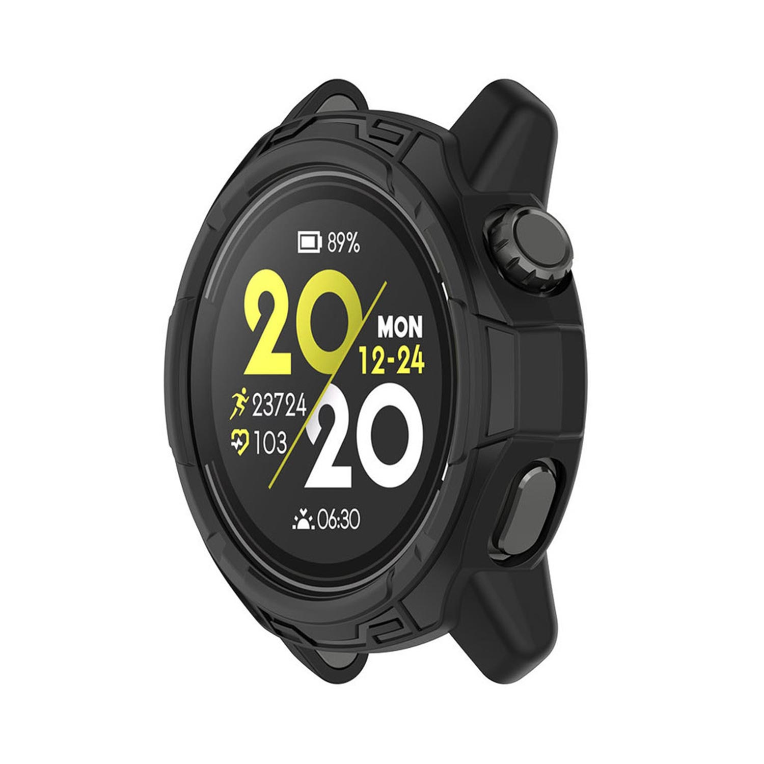Uno smartwatch nero che mostra dati: 20, 20, 89%, data, ora e metriche di attività. L'orologio ha un robusto involucro protettivo.