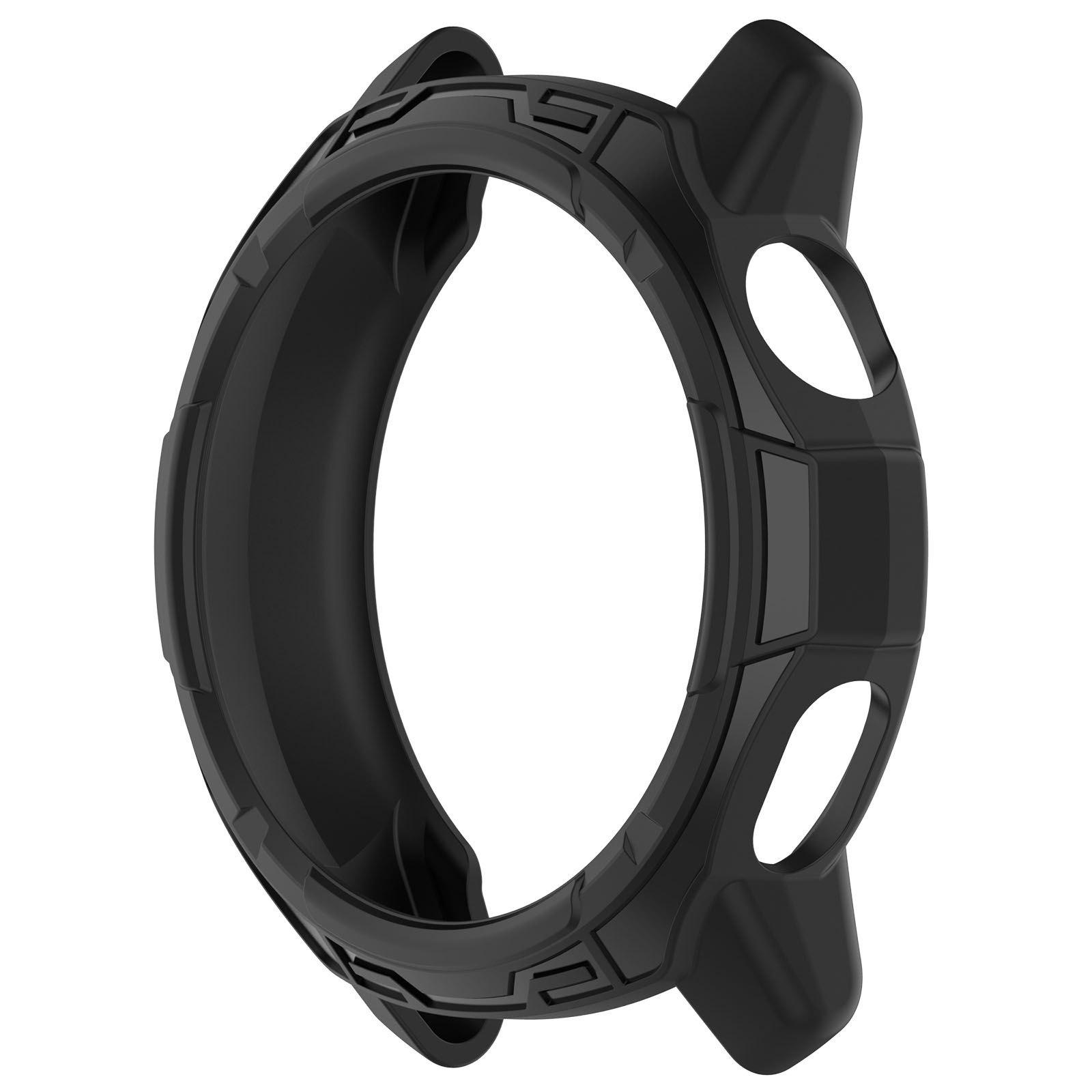 Protezione per cassa orologio nera. La protezione ha un design circolare con ritagli e sezioni rialzate. È su sfondo bianco.