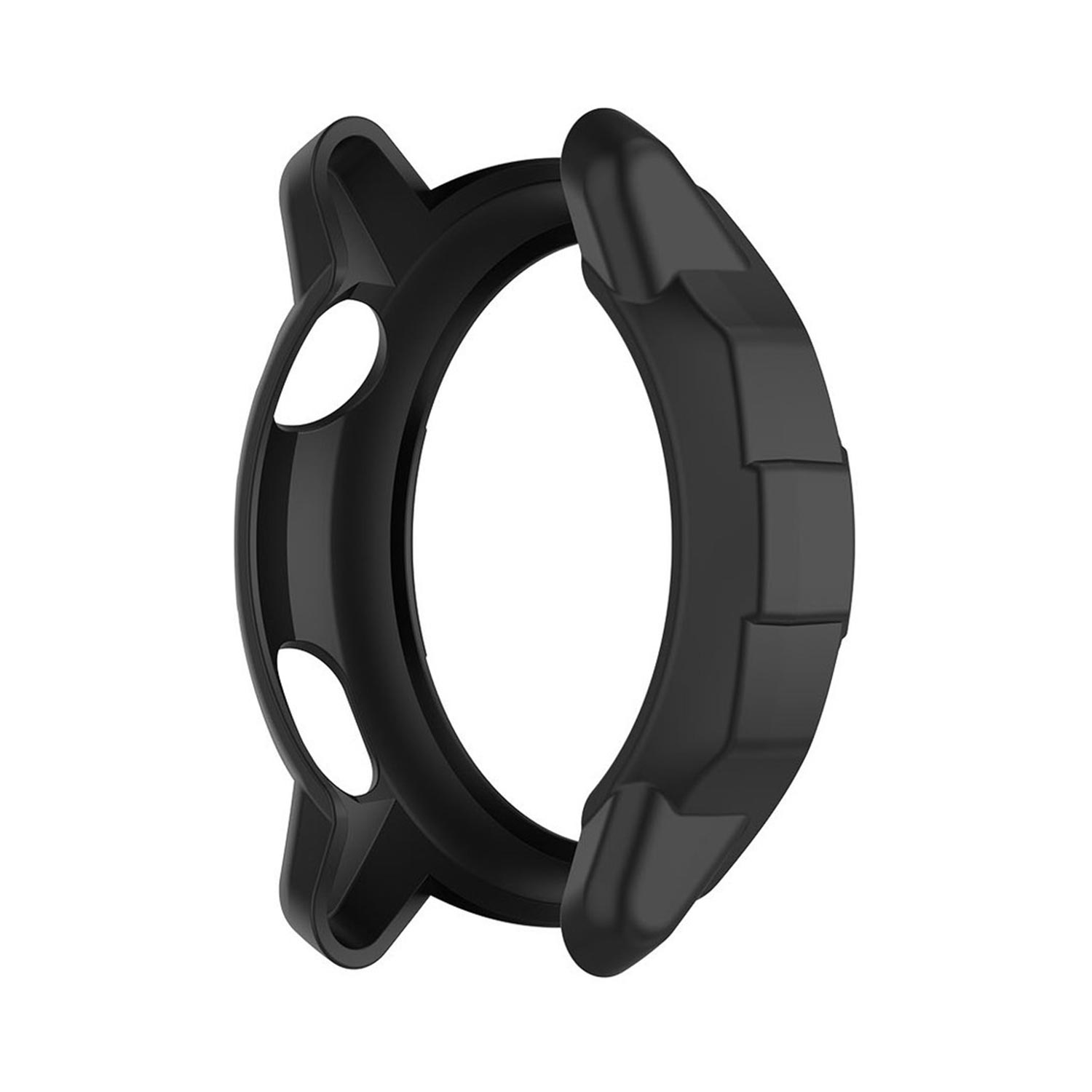 Una cassa per orologio nera con due fori bianchi sul lato sinistro e un design curvo e segmentato sul lato destro.