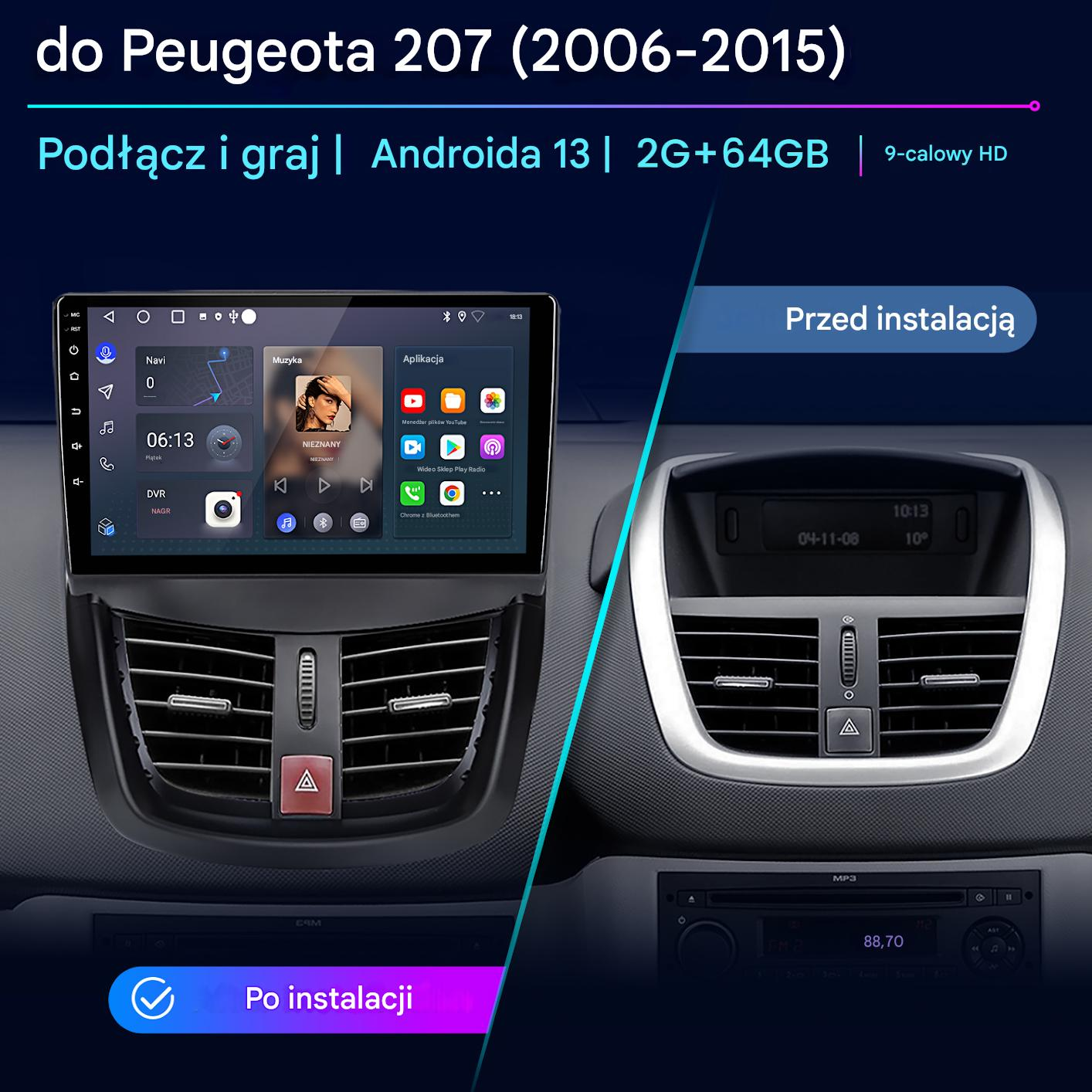 Deska rozdzielcza samochodu z ekranem wyświetlającym nawigację i aplikacje. Ekran jest zainstalowany w miejscu oryginalnego radia.