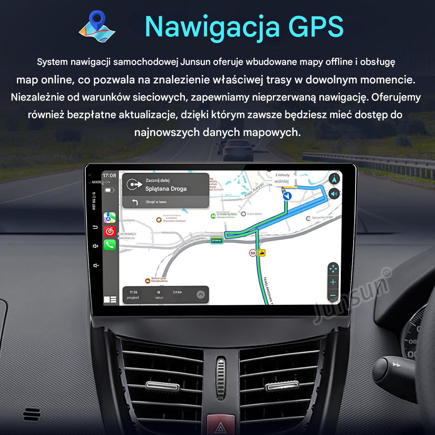 Ekran nawigacji GPS w samochodzie, wyświetlający mapę z prowadzeniem po trasie. Deska rozdzielcza samochodu jest widoczna.
