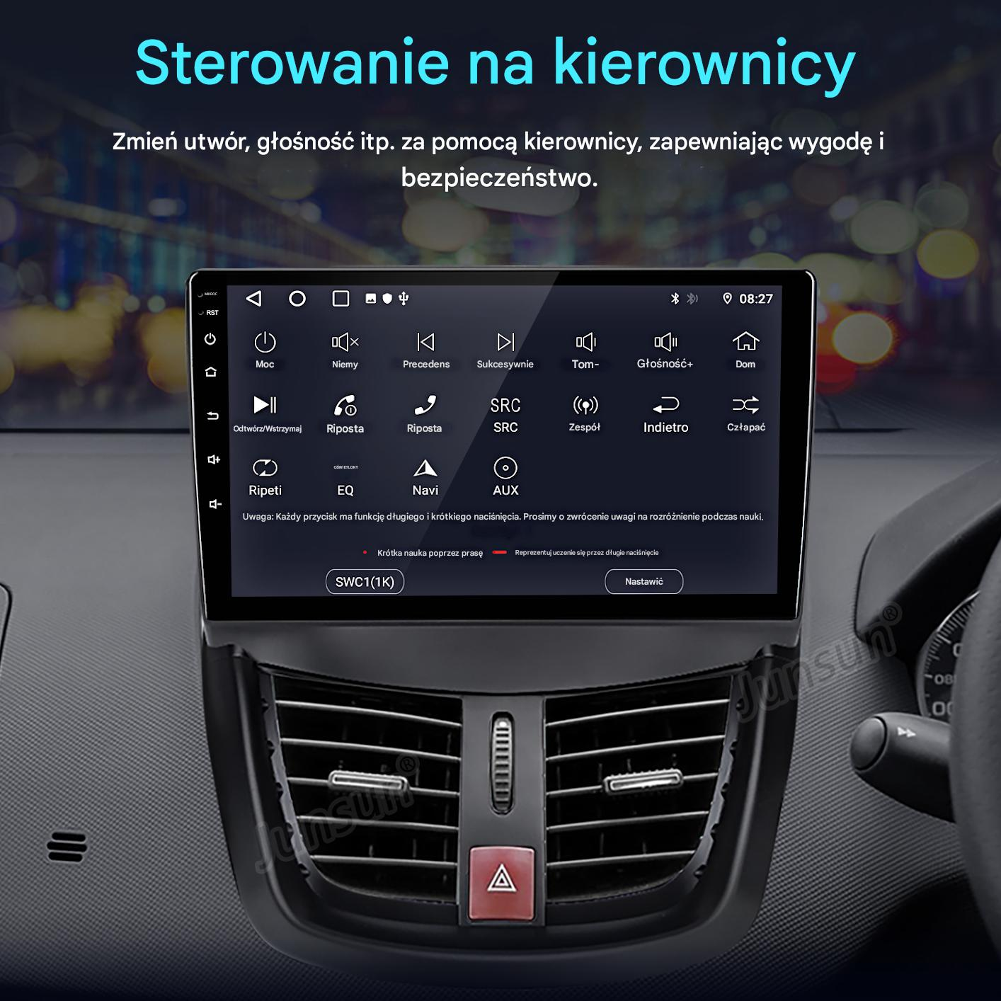 Panel samochodu z ekranem dotykowym wyświetlającym różne ikony funkcji. Ekran znajduje się w desce rozdzielczej samochodu.