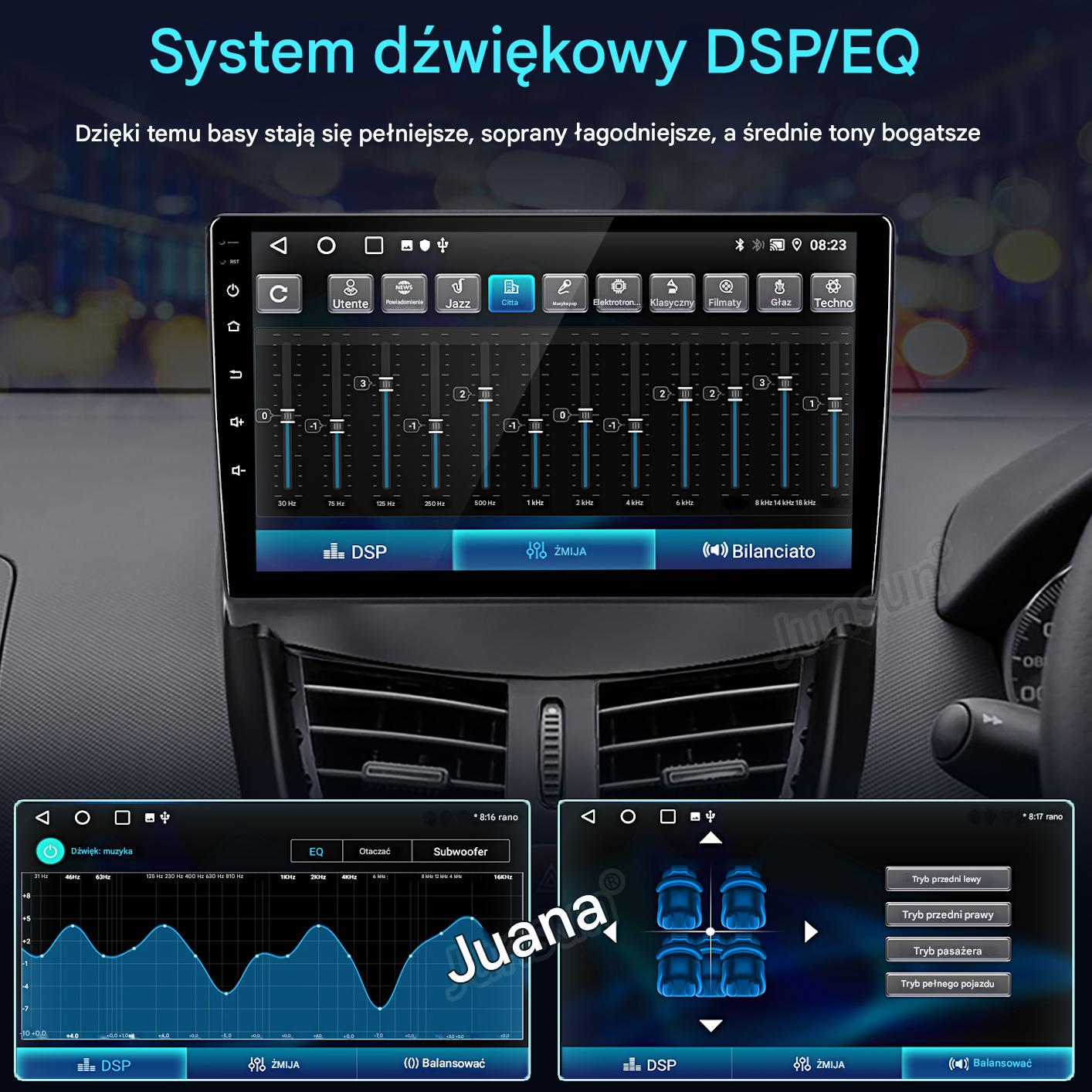 Ekran samochodowego systemu audio wyświetlający ustawienia korektora. Wyświetlacz deski rozdzielczej z różnymi elementami sterującymi i opcjami.
