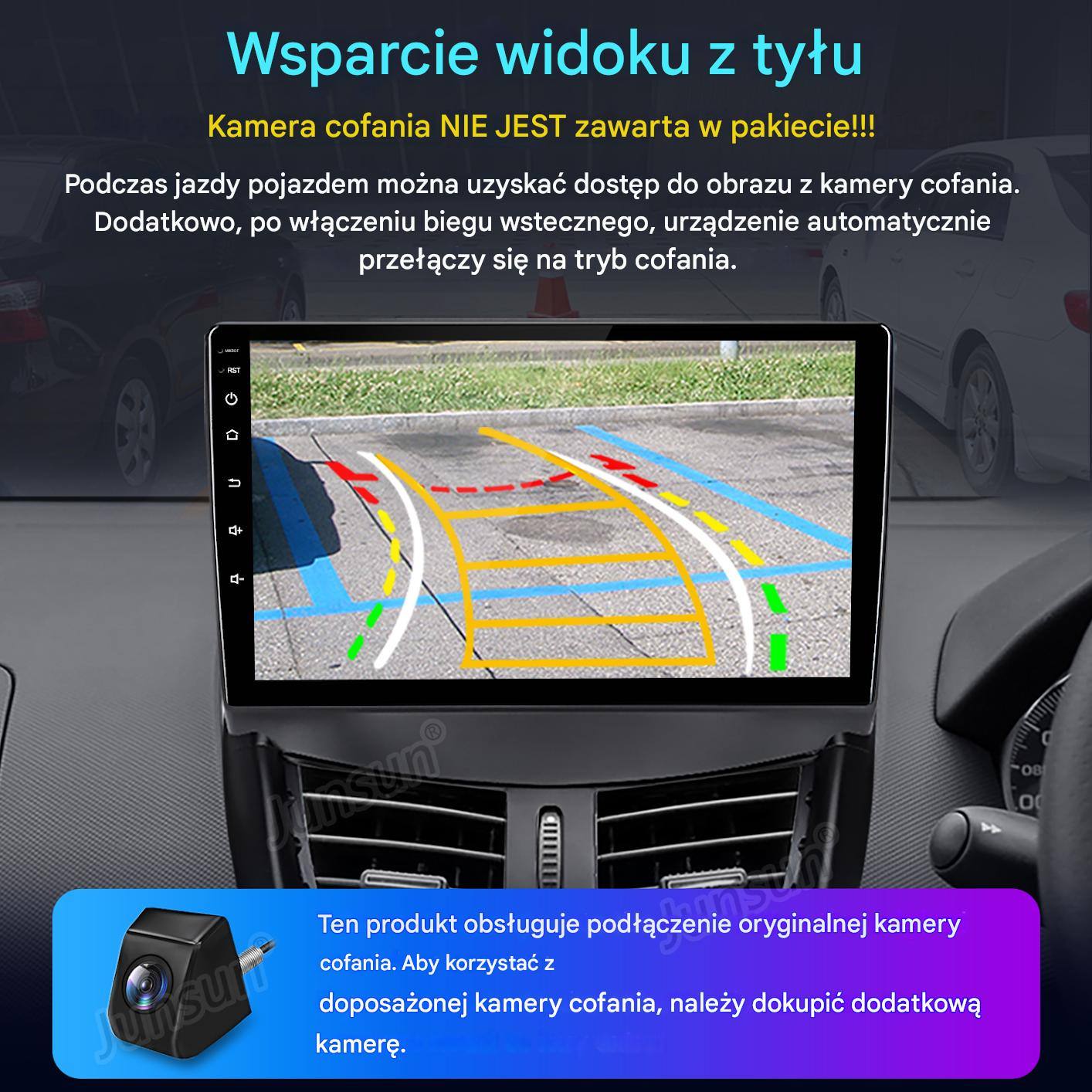 Ekran deski rozdzielczej samochodu wyświetlający widok z kamery cofania. Tekst w języku polskim o kompatybilności i funkcjach.