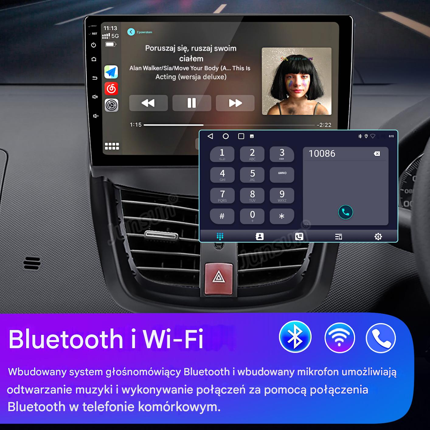 Ekran multimedialny samochodu z dialerem telefonicznym i odtwarzaniem muzyki. Wyświetlane są ikony Bluetooth i Wi-Fi.