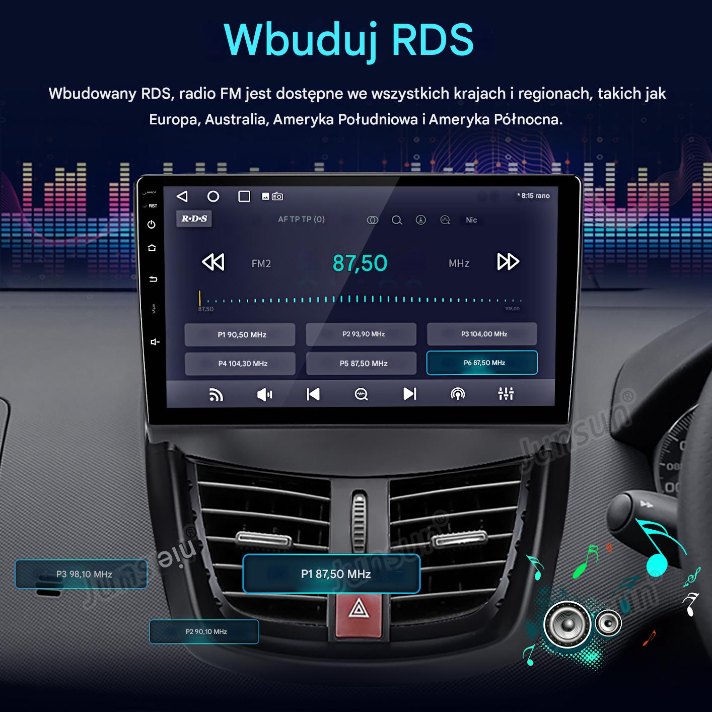 Deska rozdzielcza samochodu z interfejsem radiowym wyświetlającym 87,50 MHz. Widoczne przyciski i elementy sterujące oraz przycisk świateł awaryjnych.
