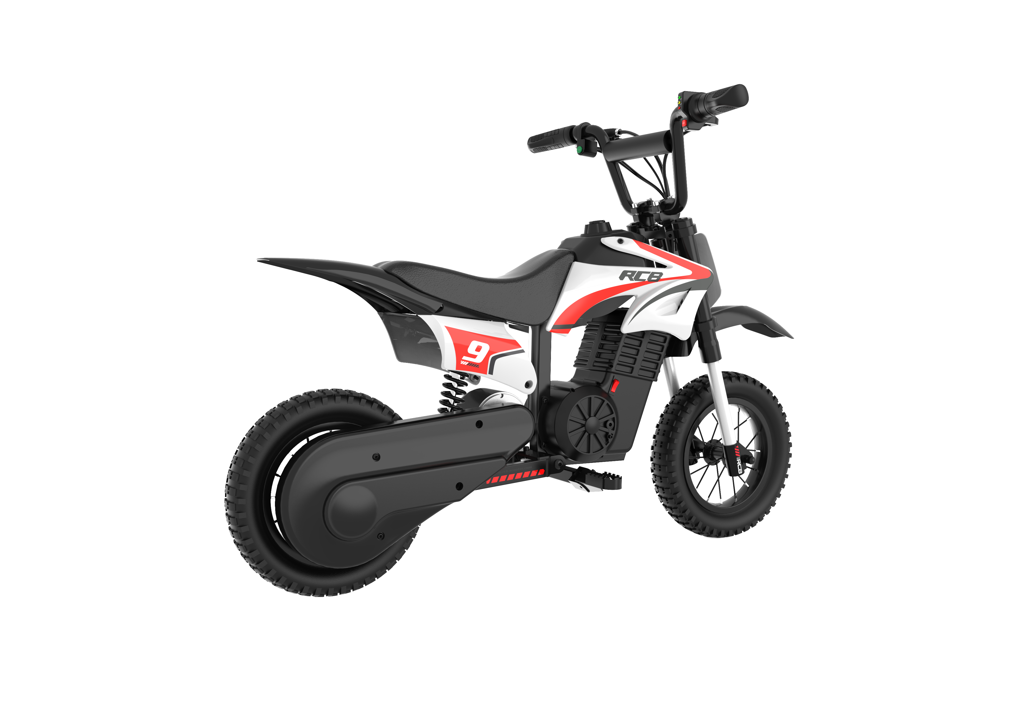 Ein kleines elektrisches Dirtbike wird mit einem weißen, roten und schwarzen Farbschema gezeigt.