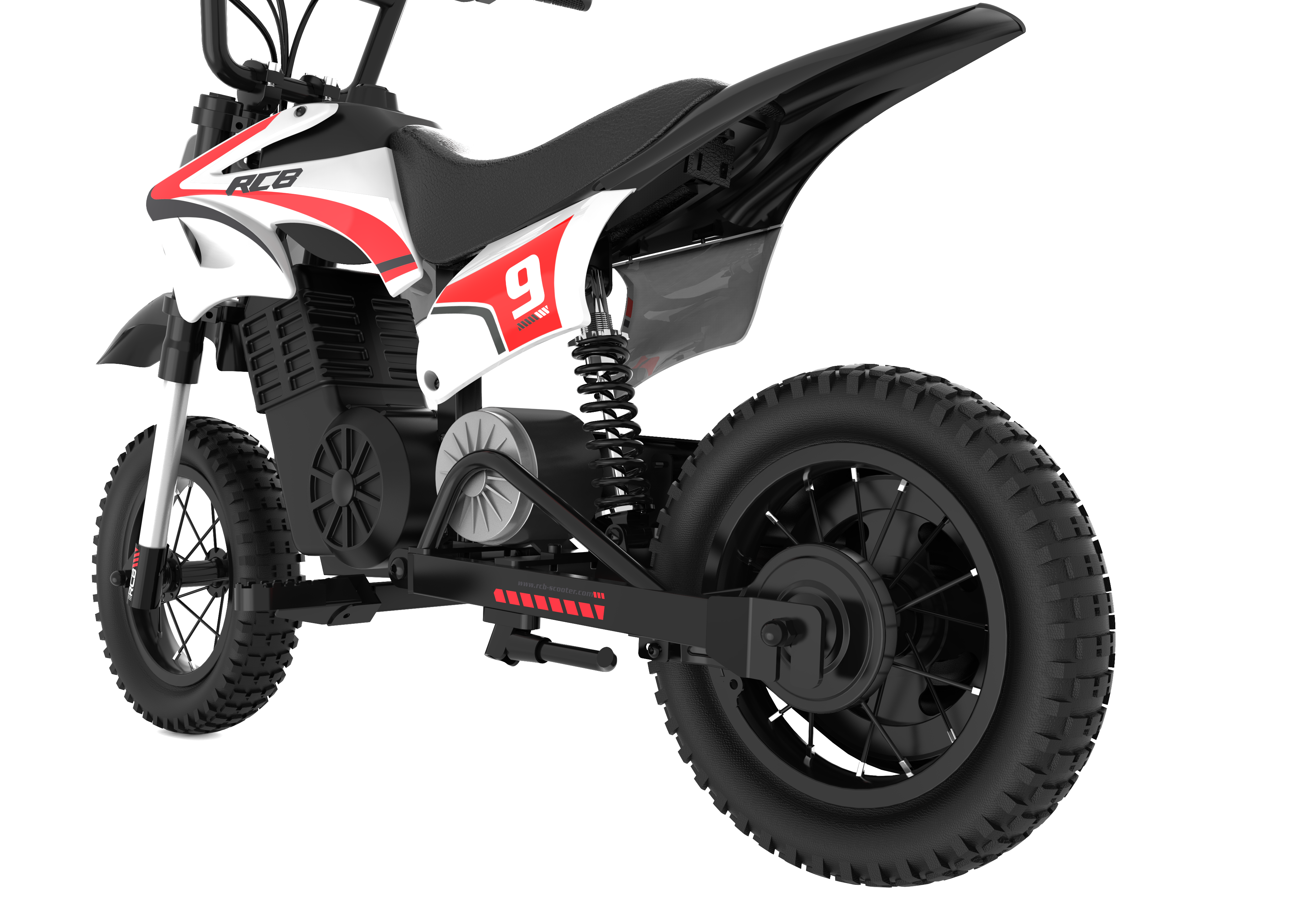 Ein schwarz-weiß-rotes Elektromotorrad. Es hat die Nummer 9 auf der Seite. Der Hintergrund ist schwarz und weiß.