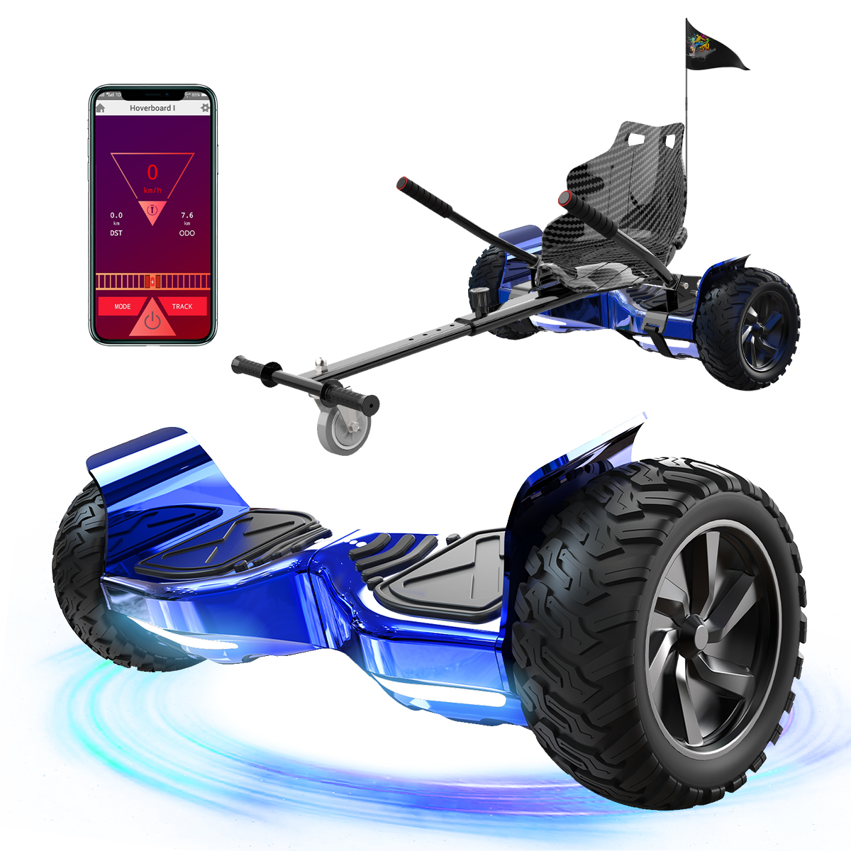 Niebieski hoverboard i przystawka do gokarta. Telefon wyświetla prędkość. Gokart ma flagę. Hoverboard ma duże opony.