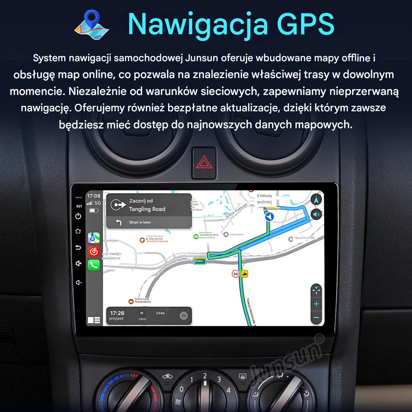 Ekran GPS w samochodzie z mapą i szczegółami nawigacji, otoczony elementami deski rozdzielczej.