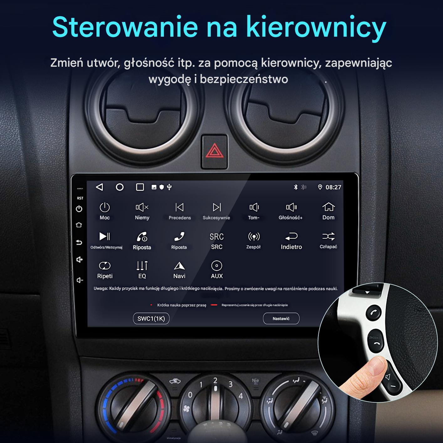 Deska rozdzielcza samochodu z ekranem wyświetlającym ustawienia. Ręka naciska przycisk na kierownicy. Widoczne kontrolki głośności, radia i inne.