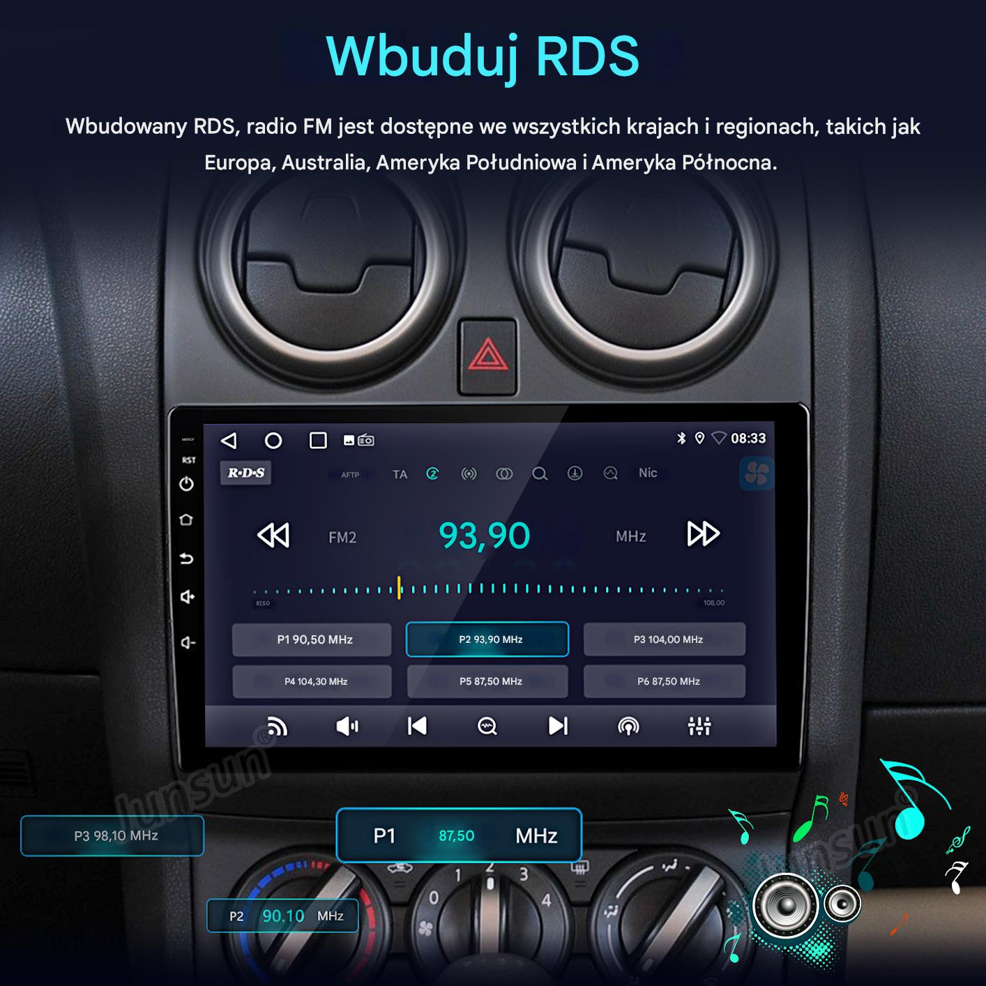 Ekran radia samochodowego wyświetlający częstotliwość FM 93,90 MHz. Widoczne przyciski do zaprogramowanych stacji. Deska rozdzielcza.